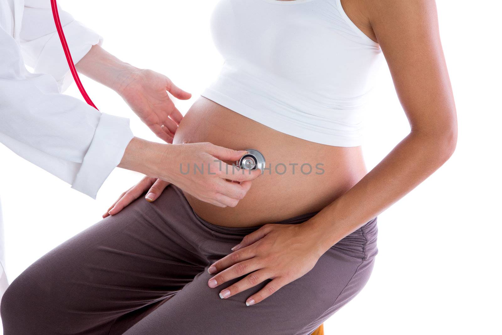 Beautiful pregnant woman with doctor and stethoscope isolated on white