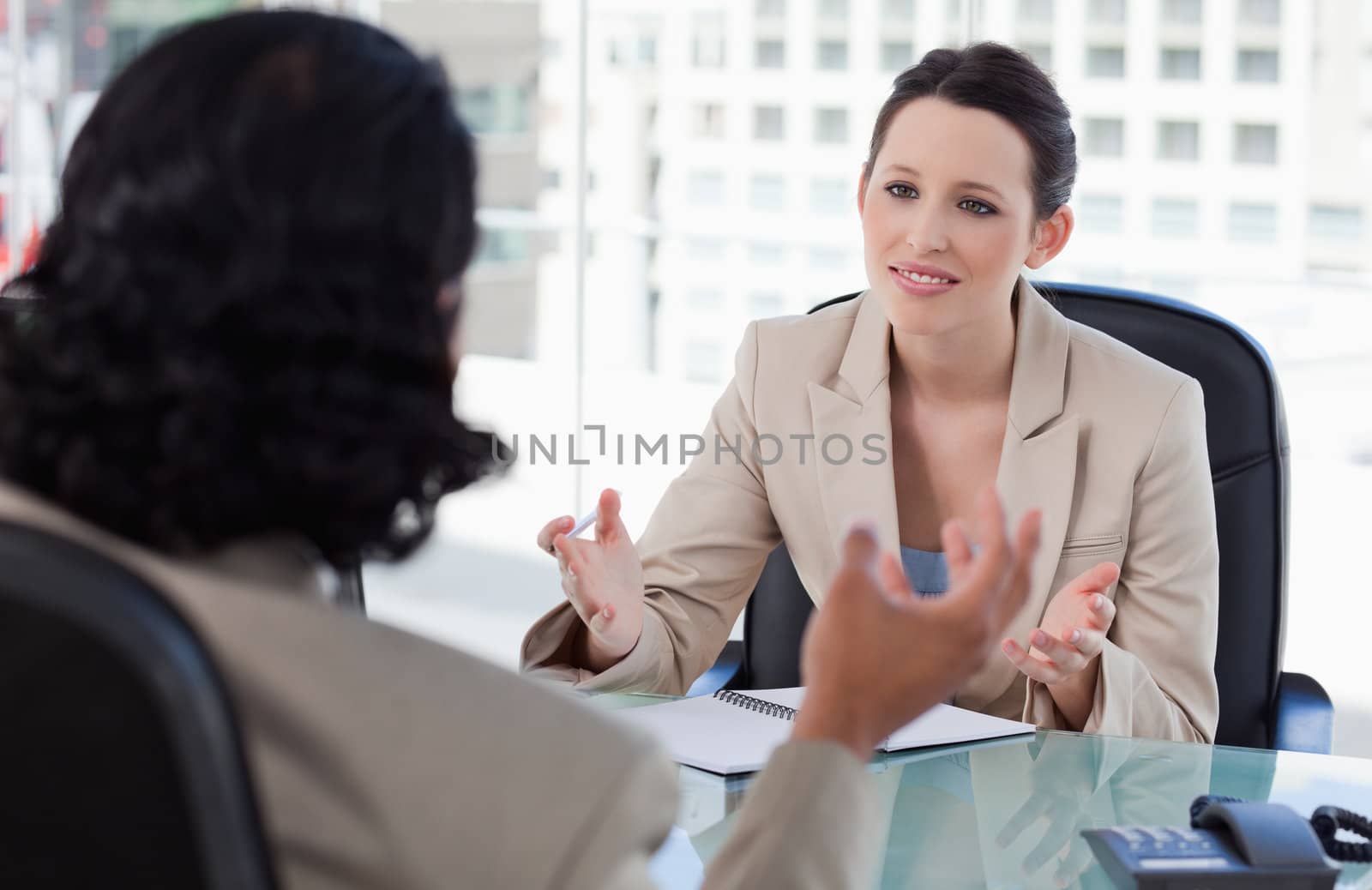 Smiling manager interviewing a male applicant in her office