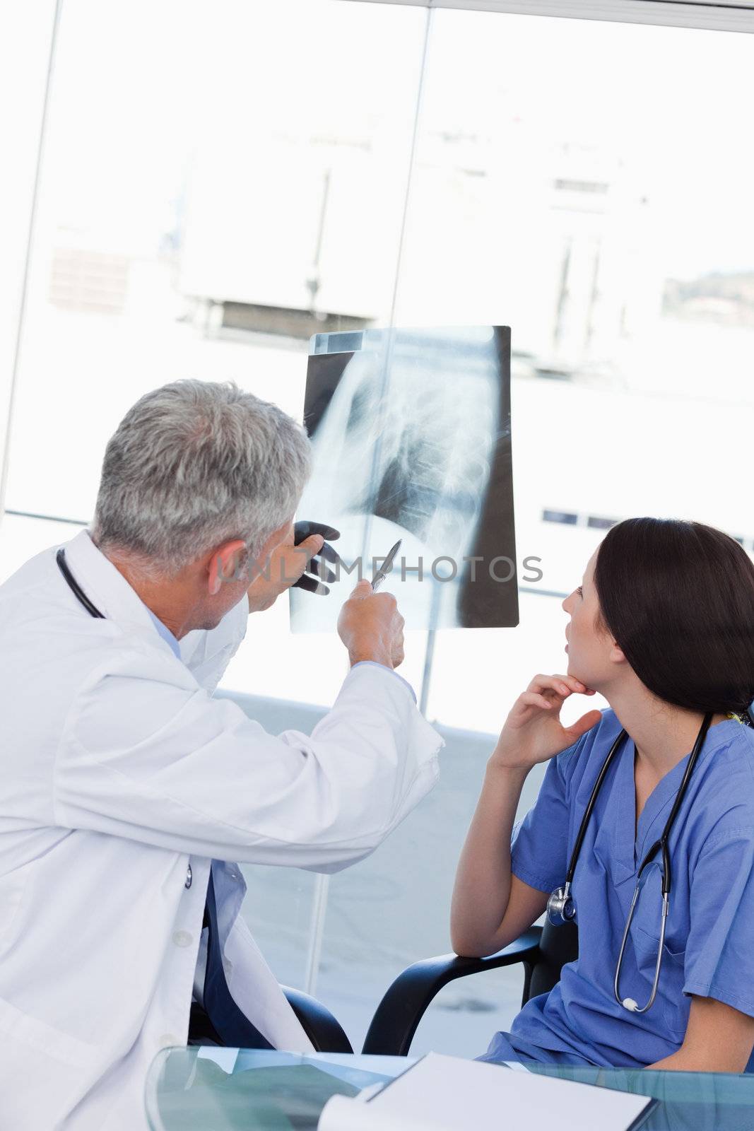 Medical team looking at a X-ray in an office