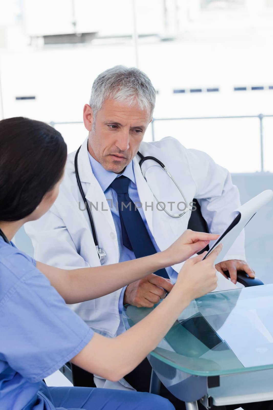 Portrait of a serious medical team looking a document in an office