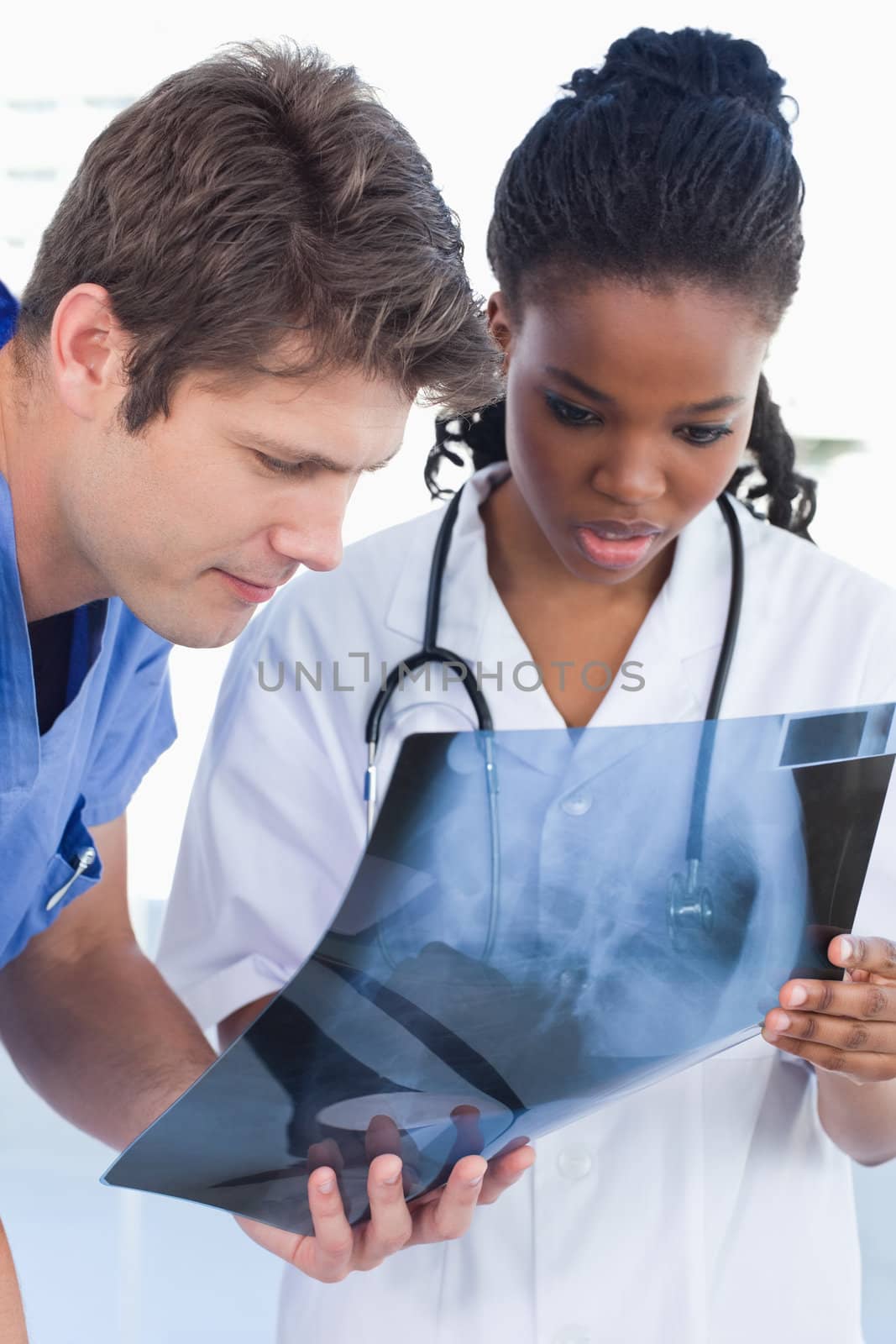 Portrait of doctors looking at a of X-ray in an office