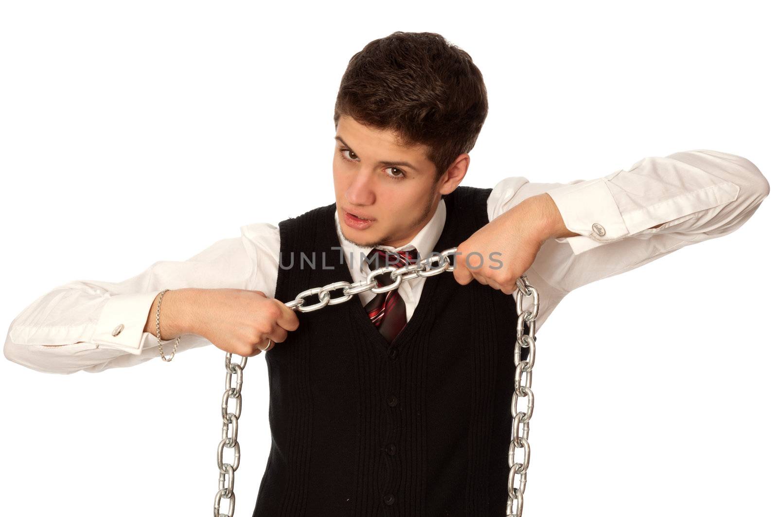 businessman breaking the chain by hands for liberation as a symbol of work captivity