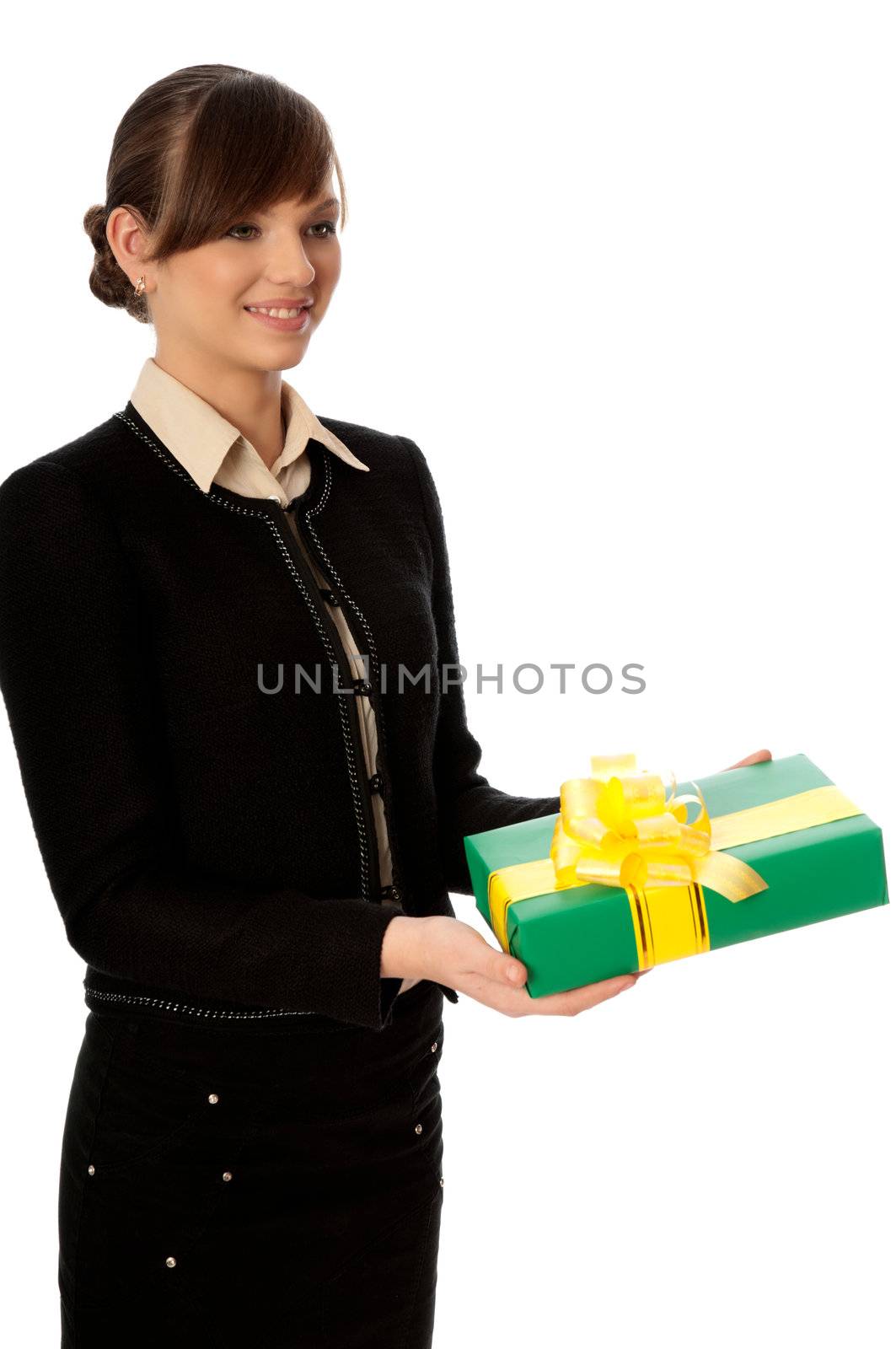 Woman holding a green box with yellow bow as a present