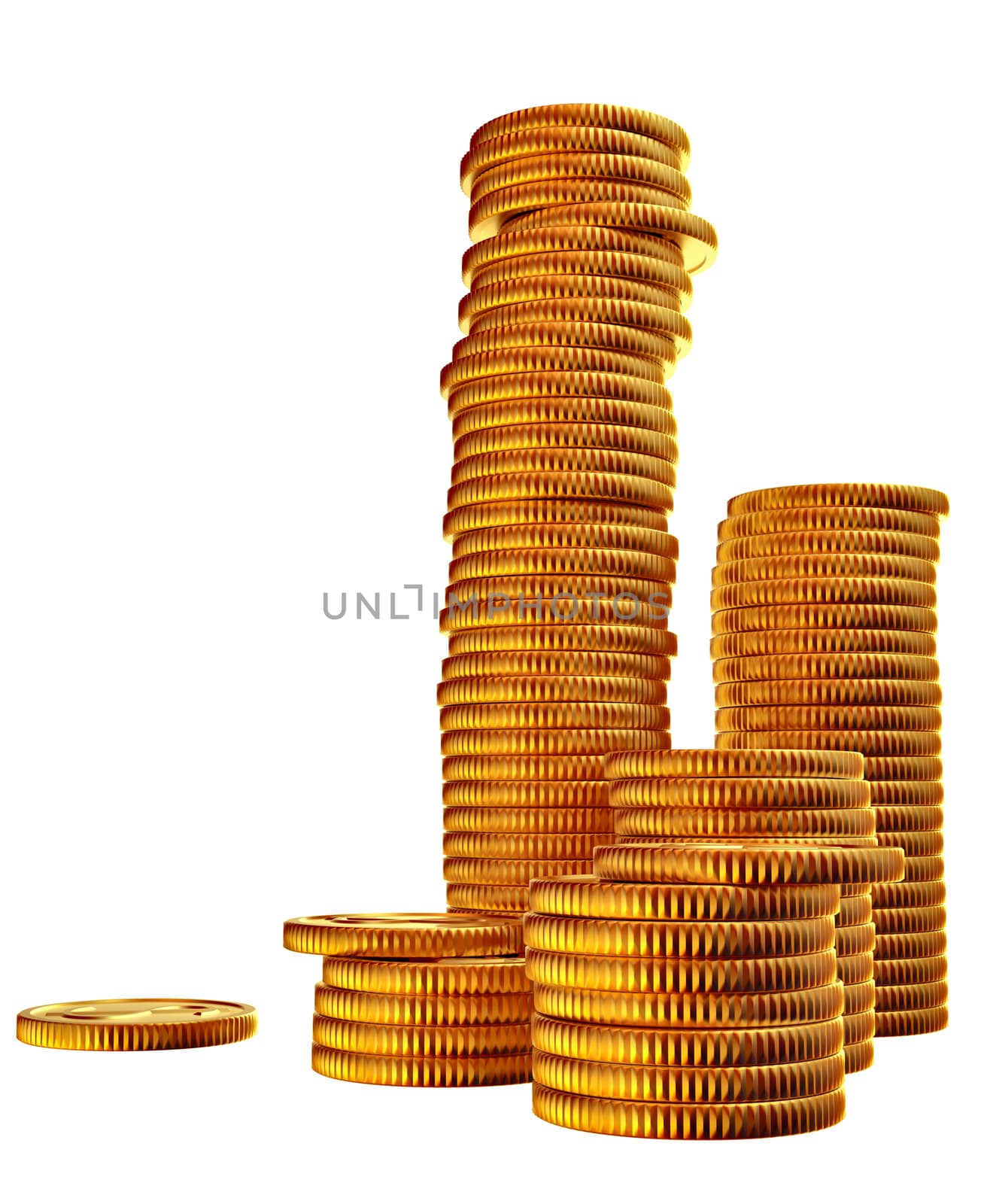 Stacks of golden dollar coins on white background