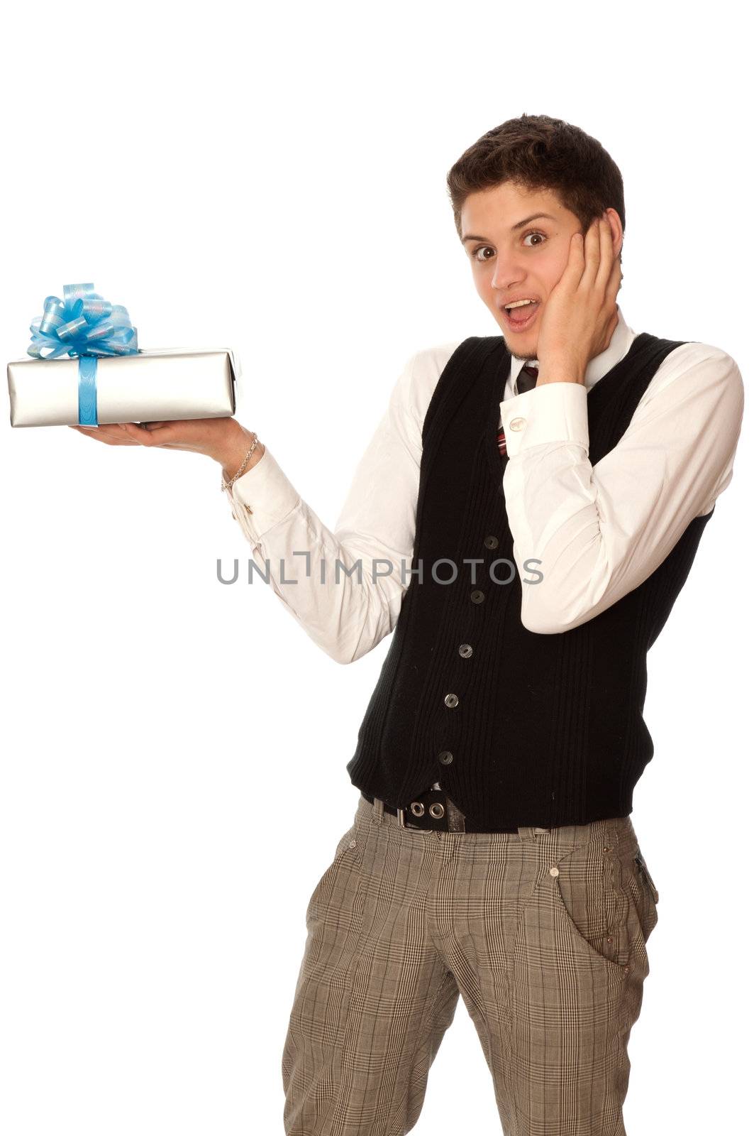 man holding in the hands the gray box with blue ribbon as a gift