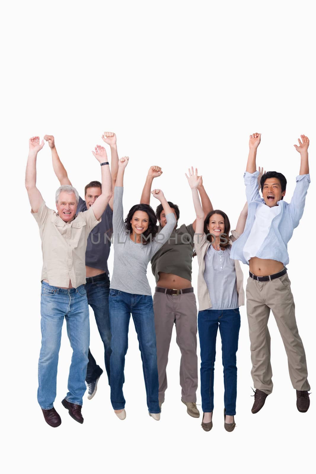 Cheering group jumping against a white background