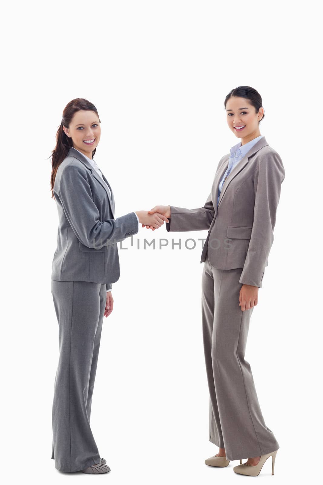 Two businesswomen shaking hands and smiling against white background