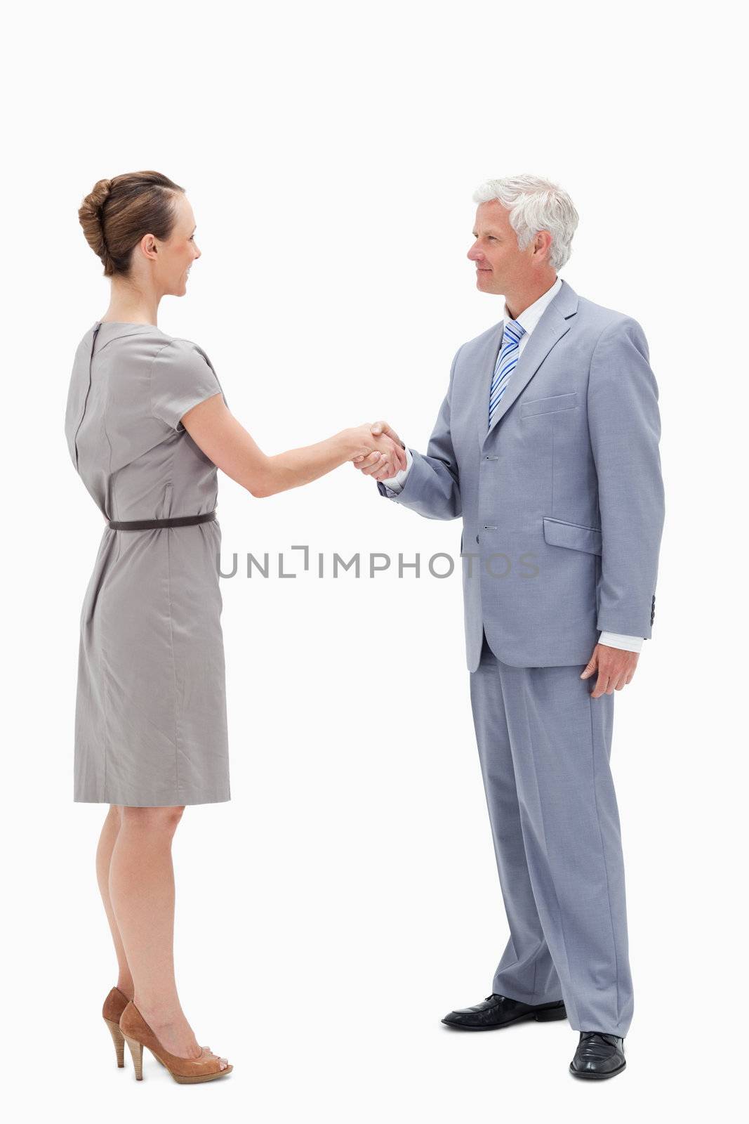 White hair businessman face to face and shaking hands with a woman against white background