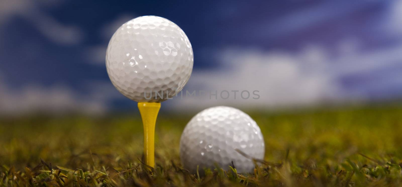 Golf ball on green grass over a blue sky by JanPietruszka