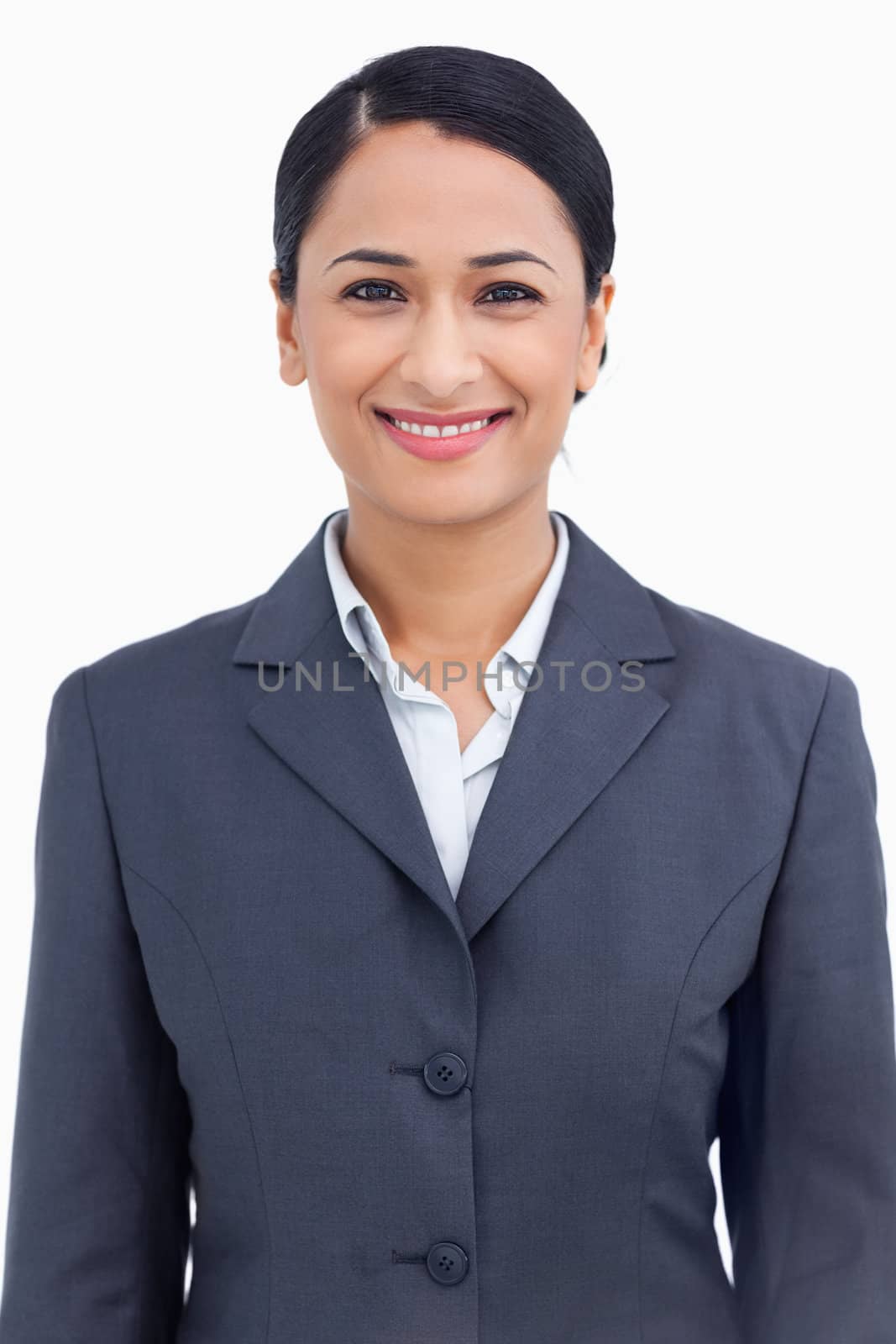Close up of happy smiling saleswoman against a white background