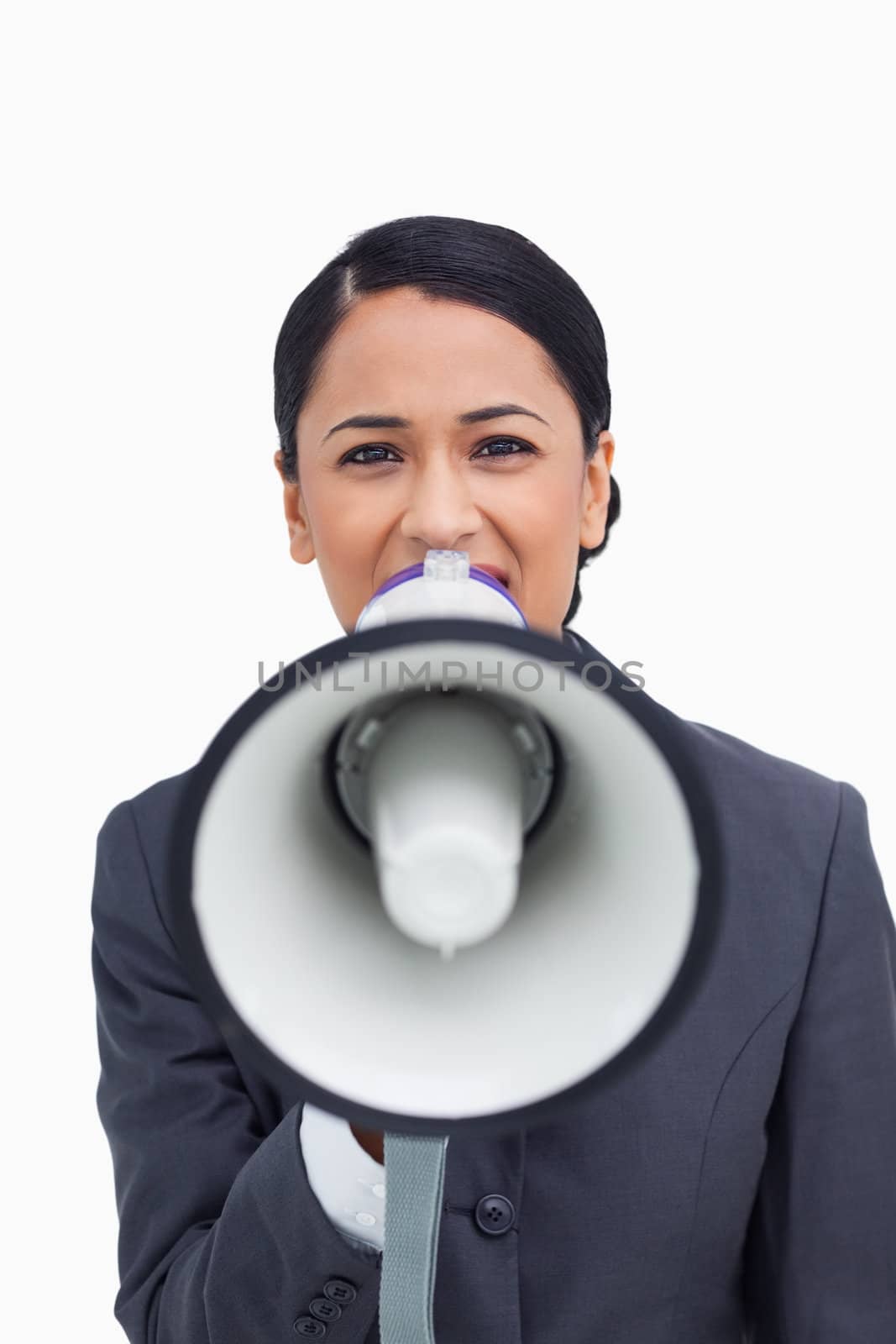 Close up of saleswoman with megaphone against a white background