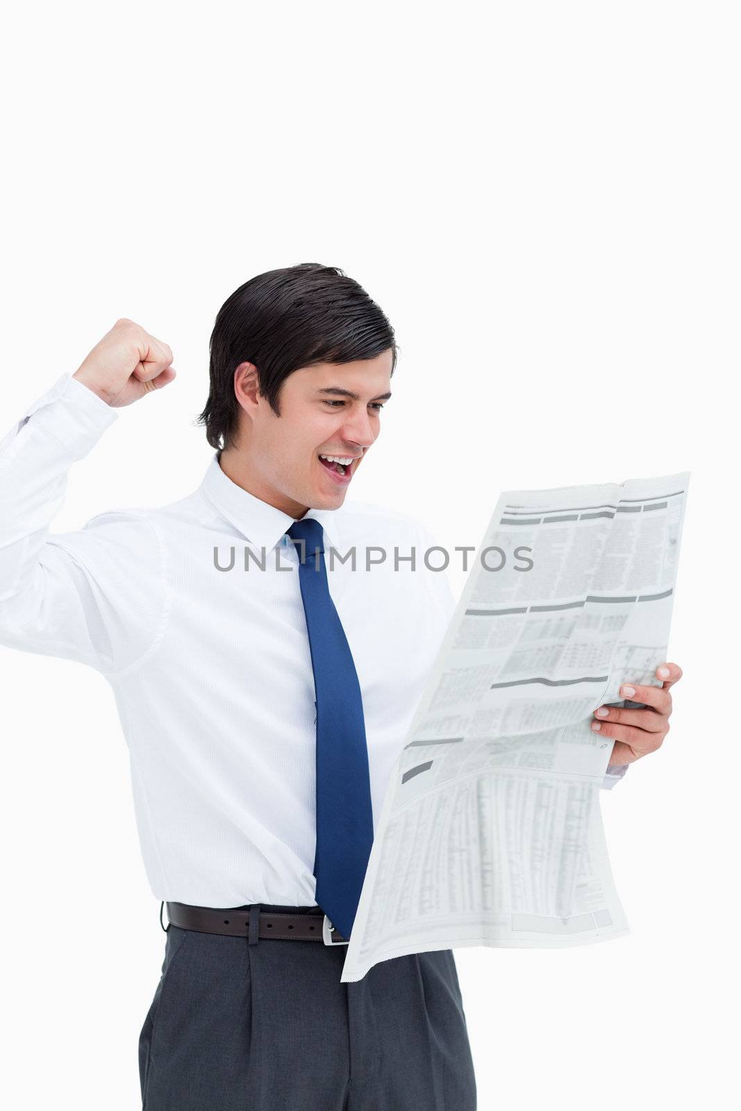 Celebrating tradesman looking at the news against a white background
