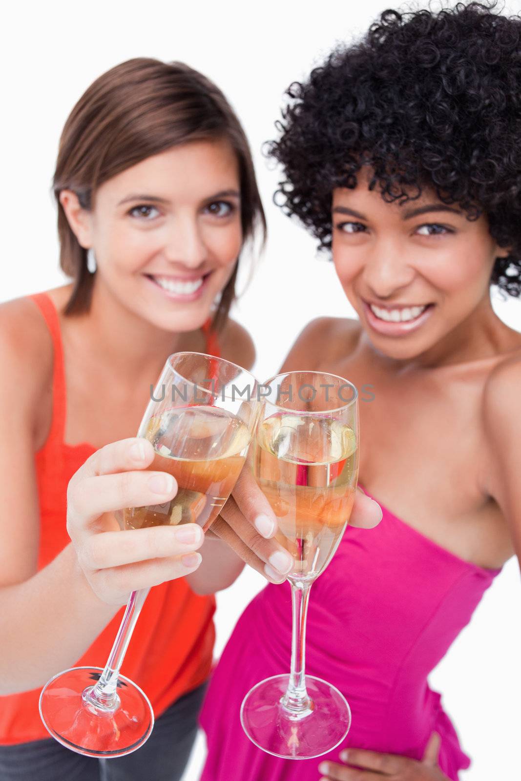 Glasses of white wine being happily clinked by two young females by Wavebreakmedia