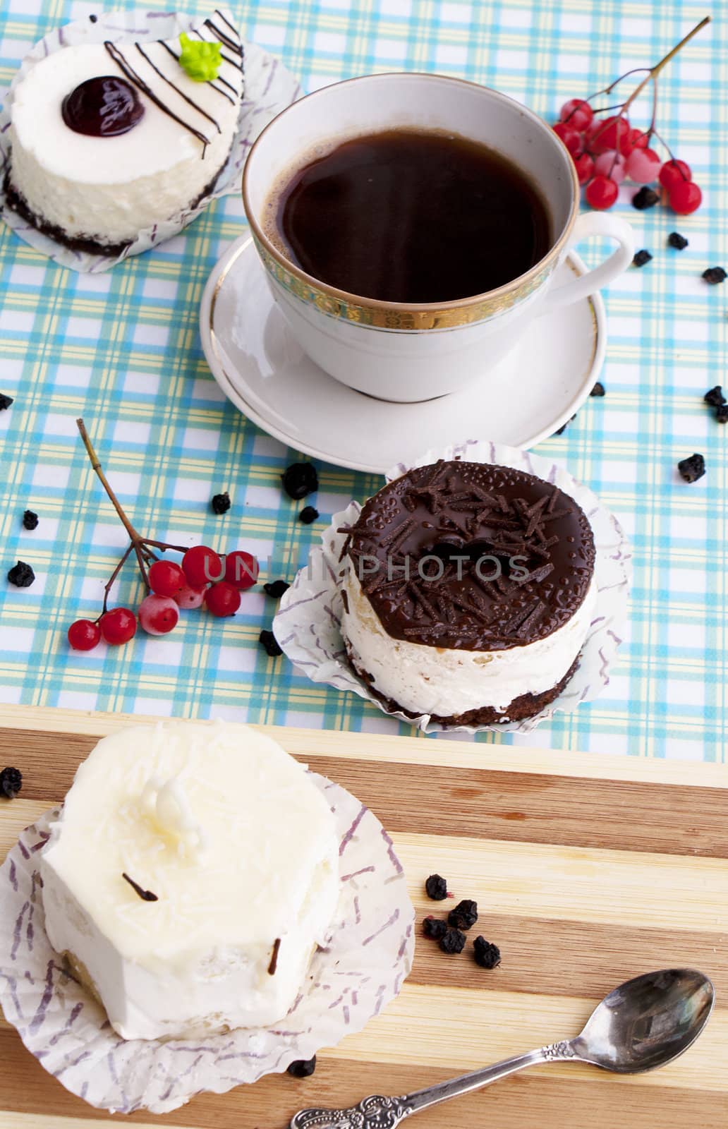 Sweet appetizing fresh fruitcake and morning coffee