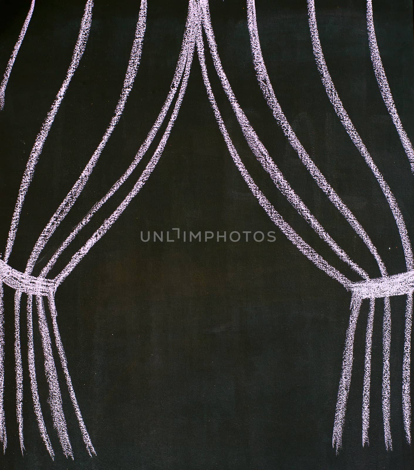Theatrical curtains drawn on a blackboard