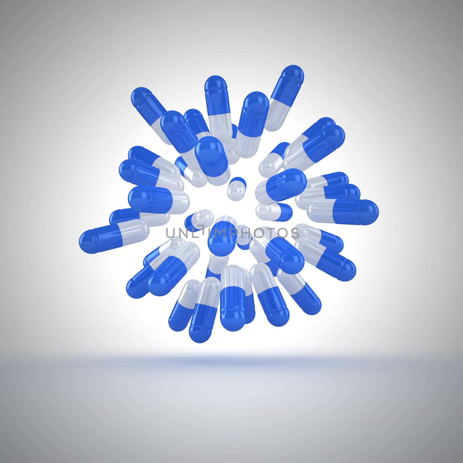 Blue-white capsules exploding on the gray background