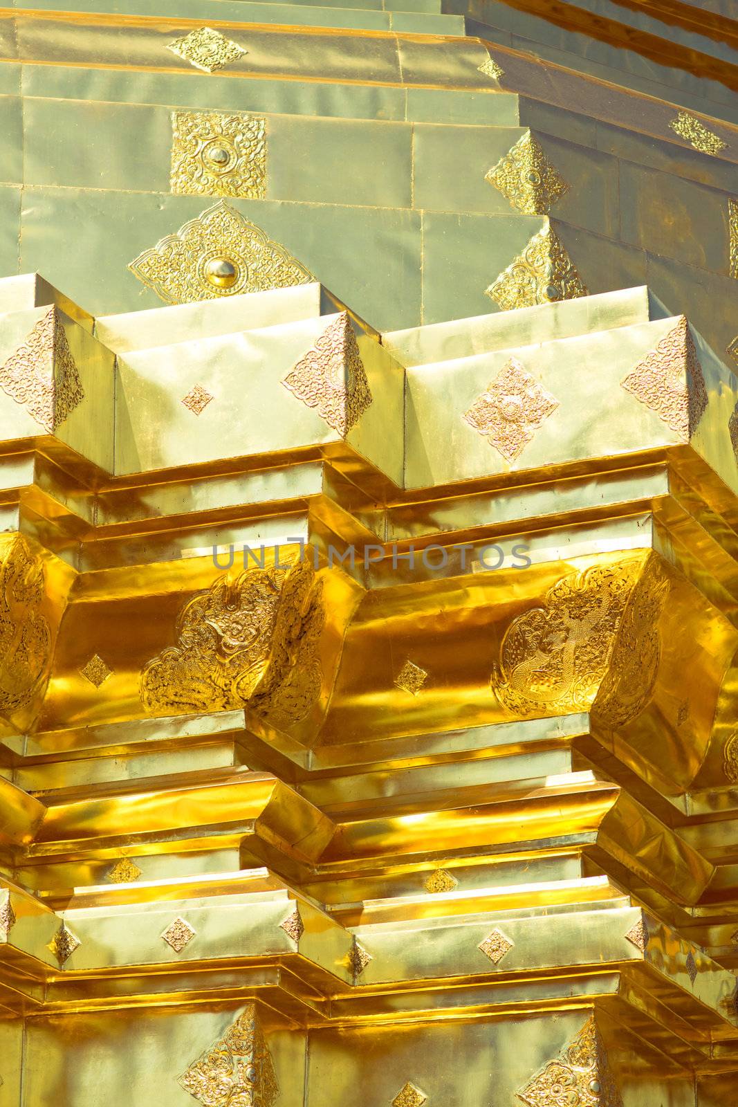 Golden wall in buddhist temple, Wat Doi Suthep, Chiang Mai, Thailand