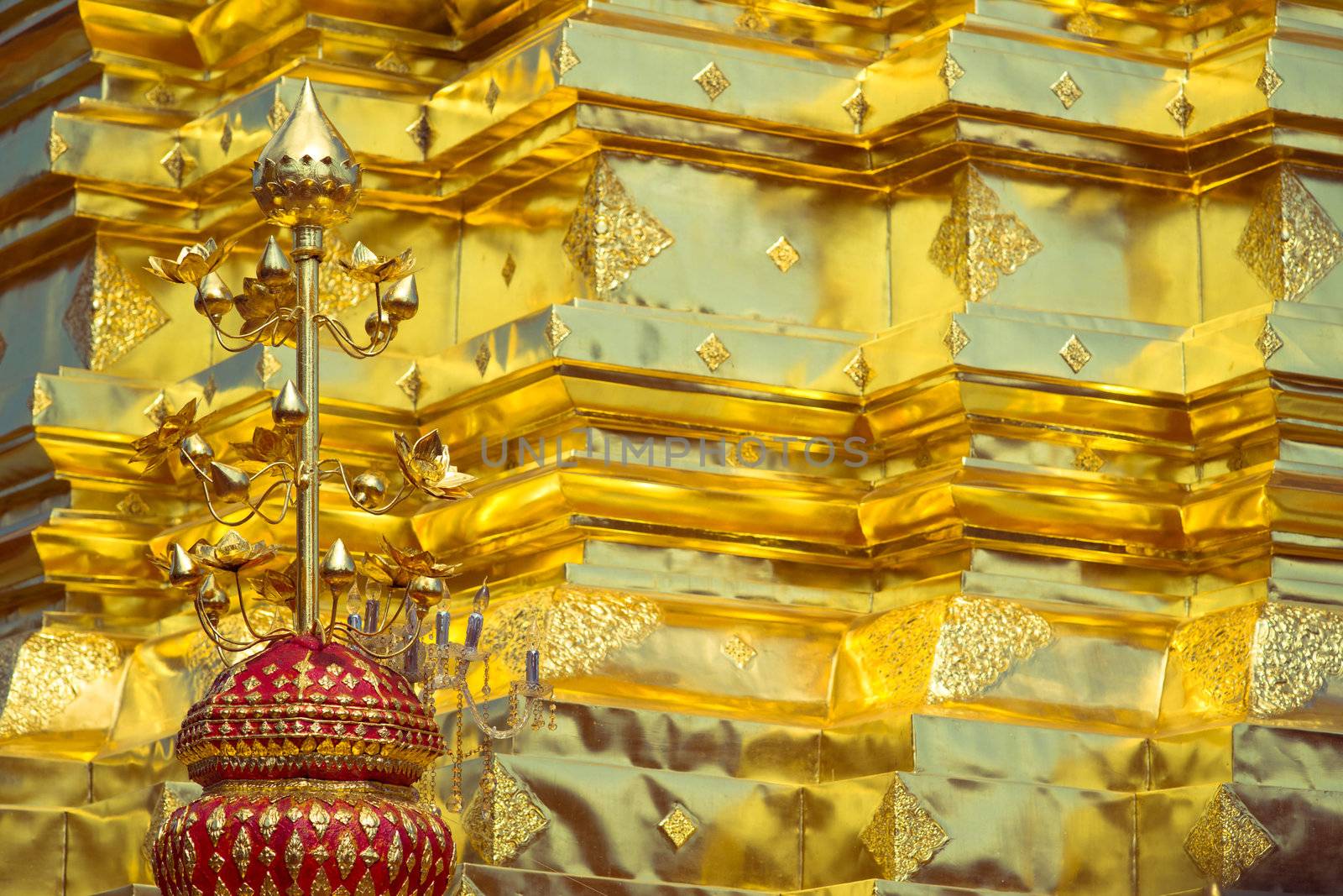 Golden wall in buddhist temple, Wat Doi Suthep, Chiang Mai, Thailand