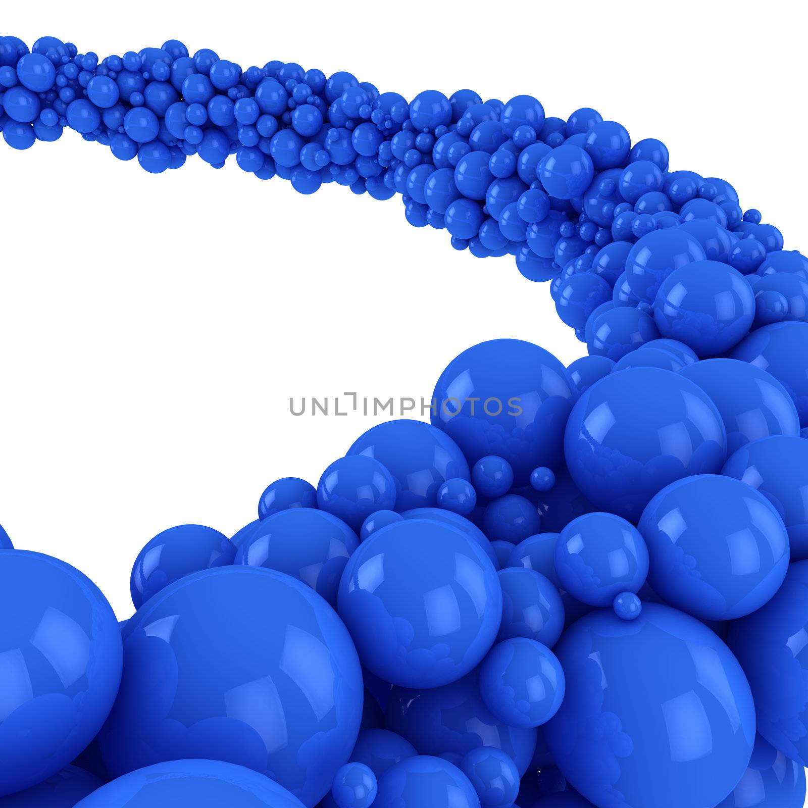 Flow of many blue spheres on the white background