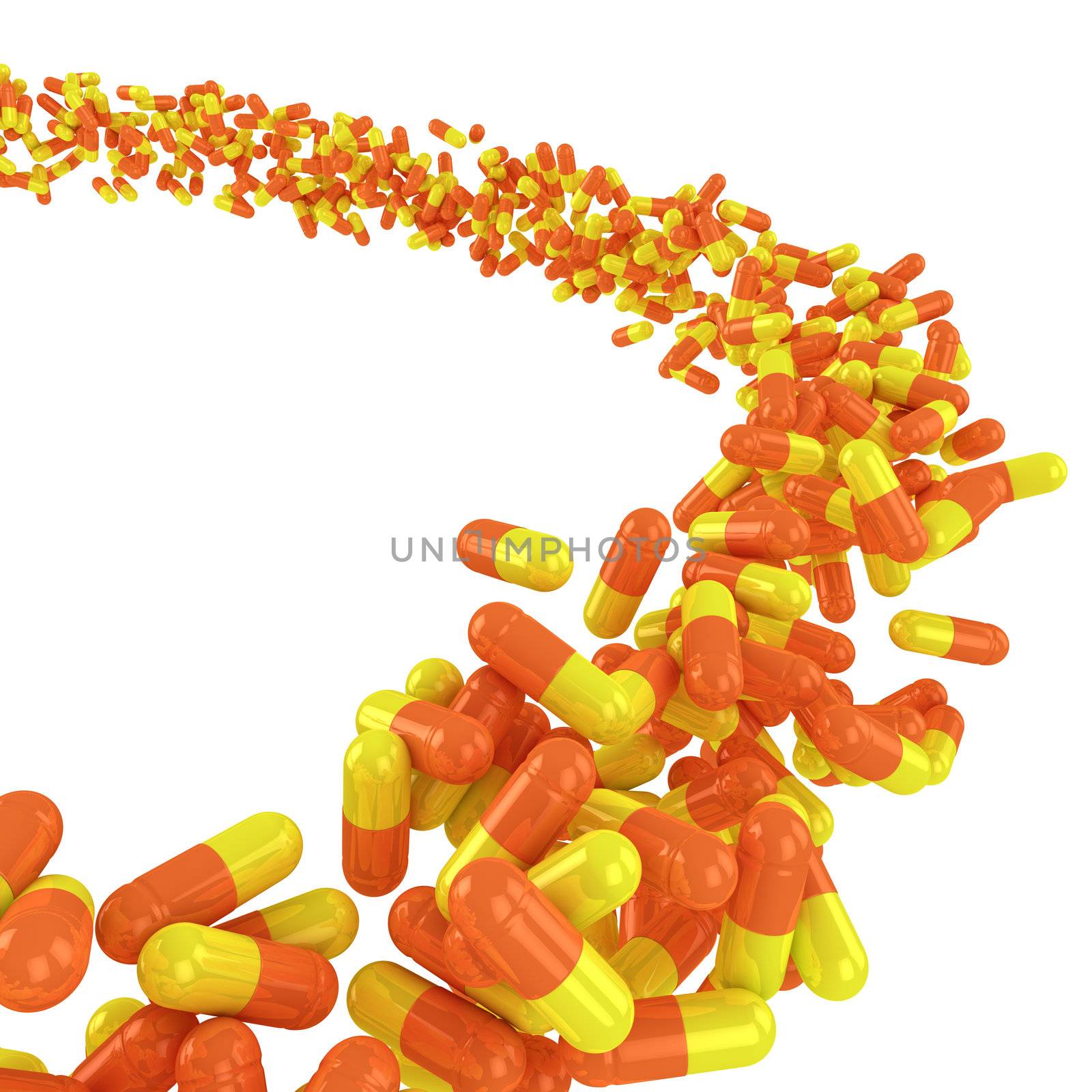 Flow of many medical capsules on the white background
