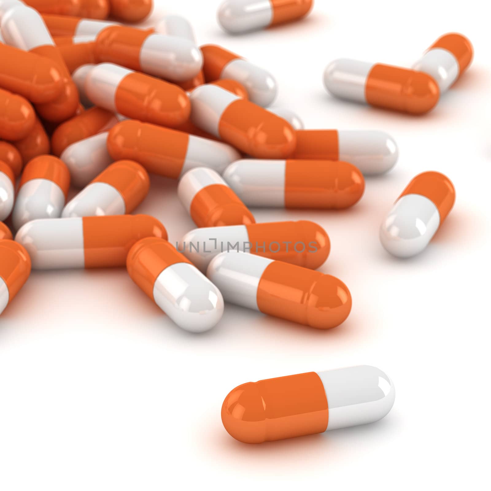 Heap of orange and white capsules, three-dimensional computer graphic.