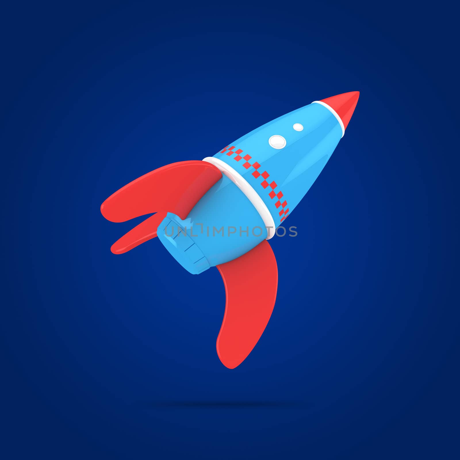 Flying rocket on the blue background, 3d computer graphic