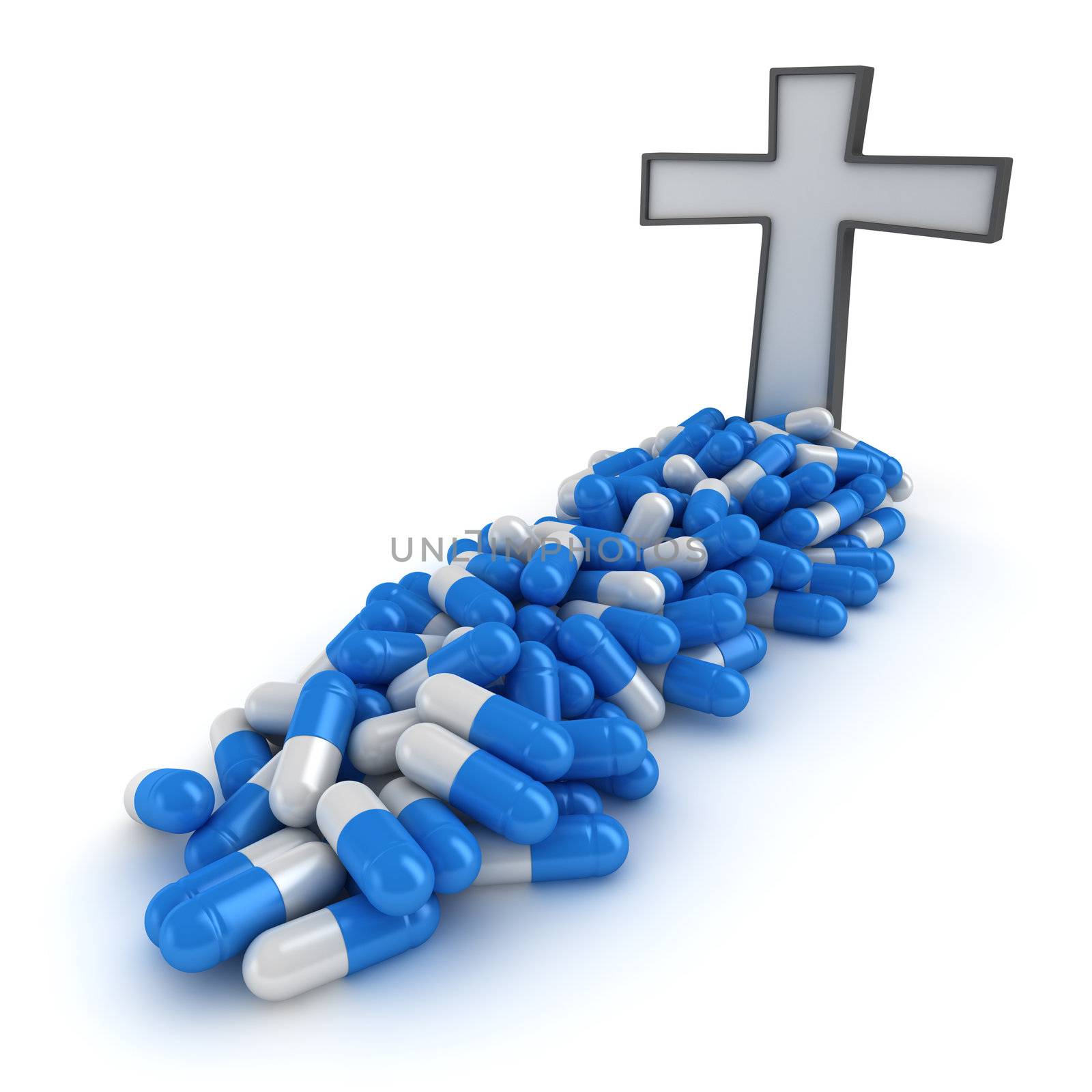 Cross on the grave made from pills
