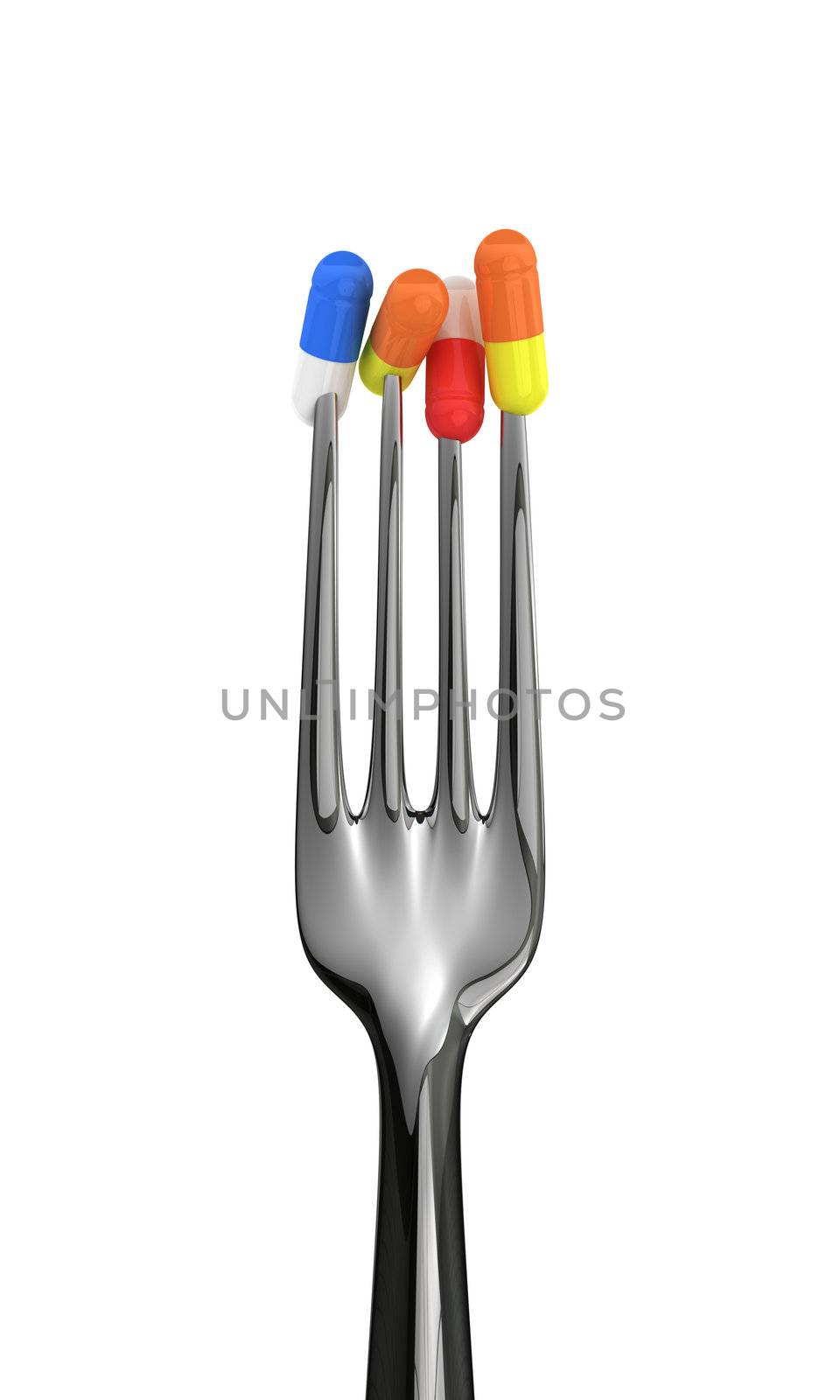 Silver fork with pills isolated on the white background