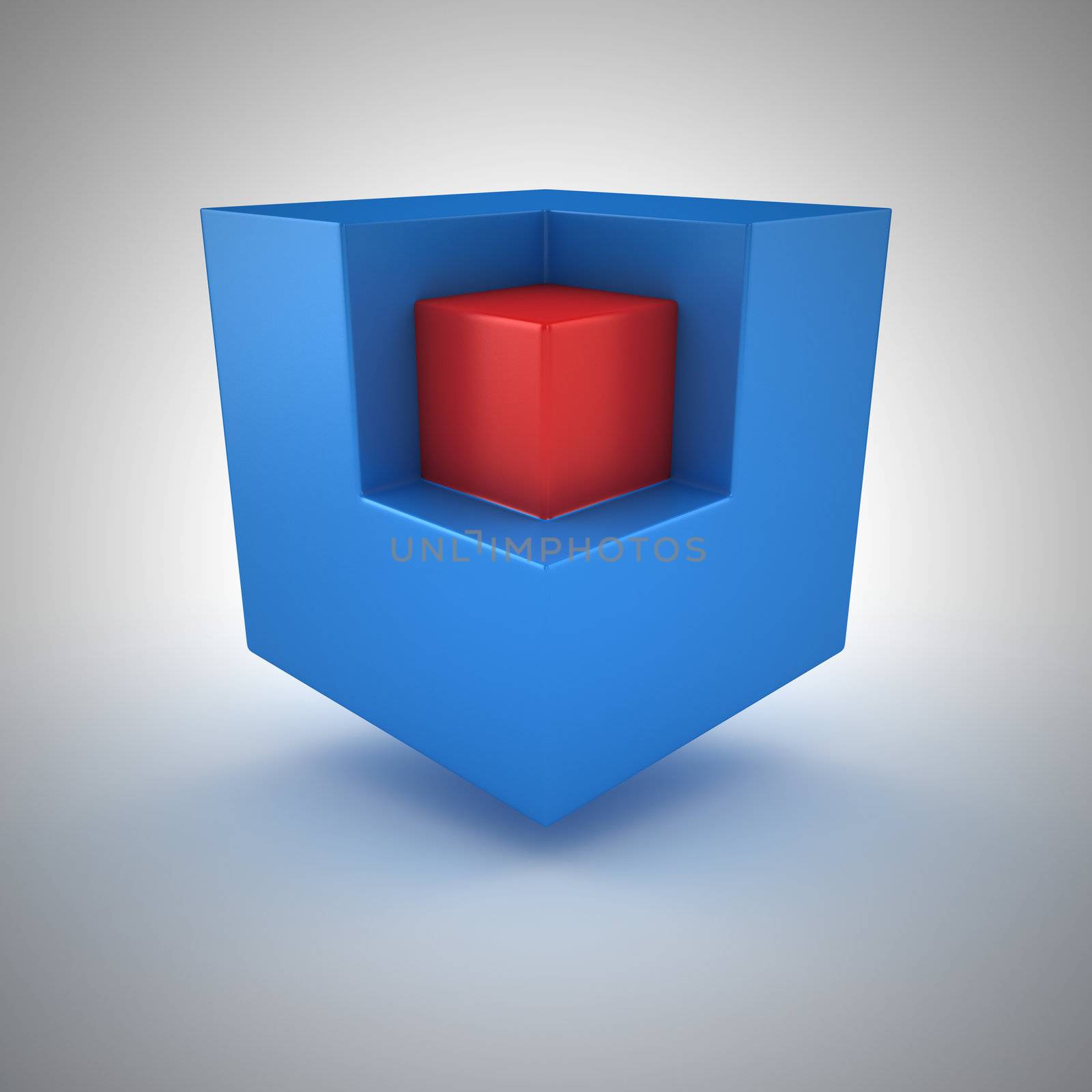 Red small cube inside of big blue cube