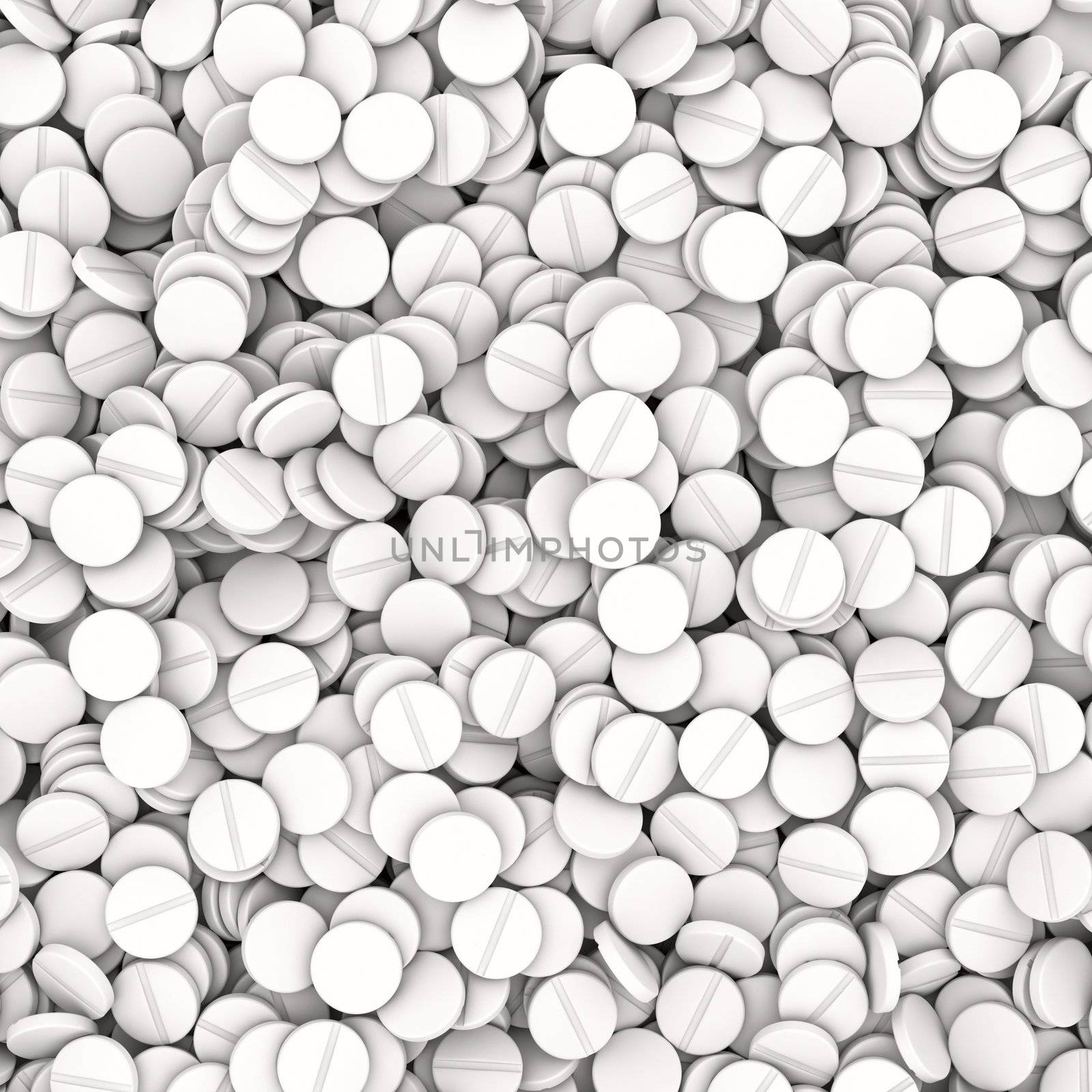 Heap of white tablets - medical background