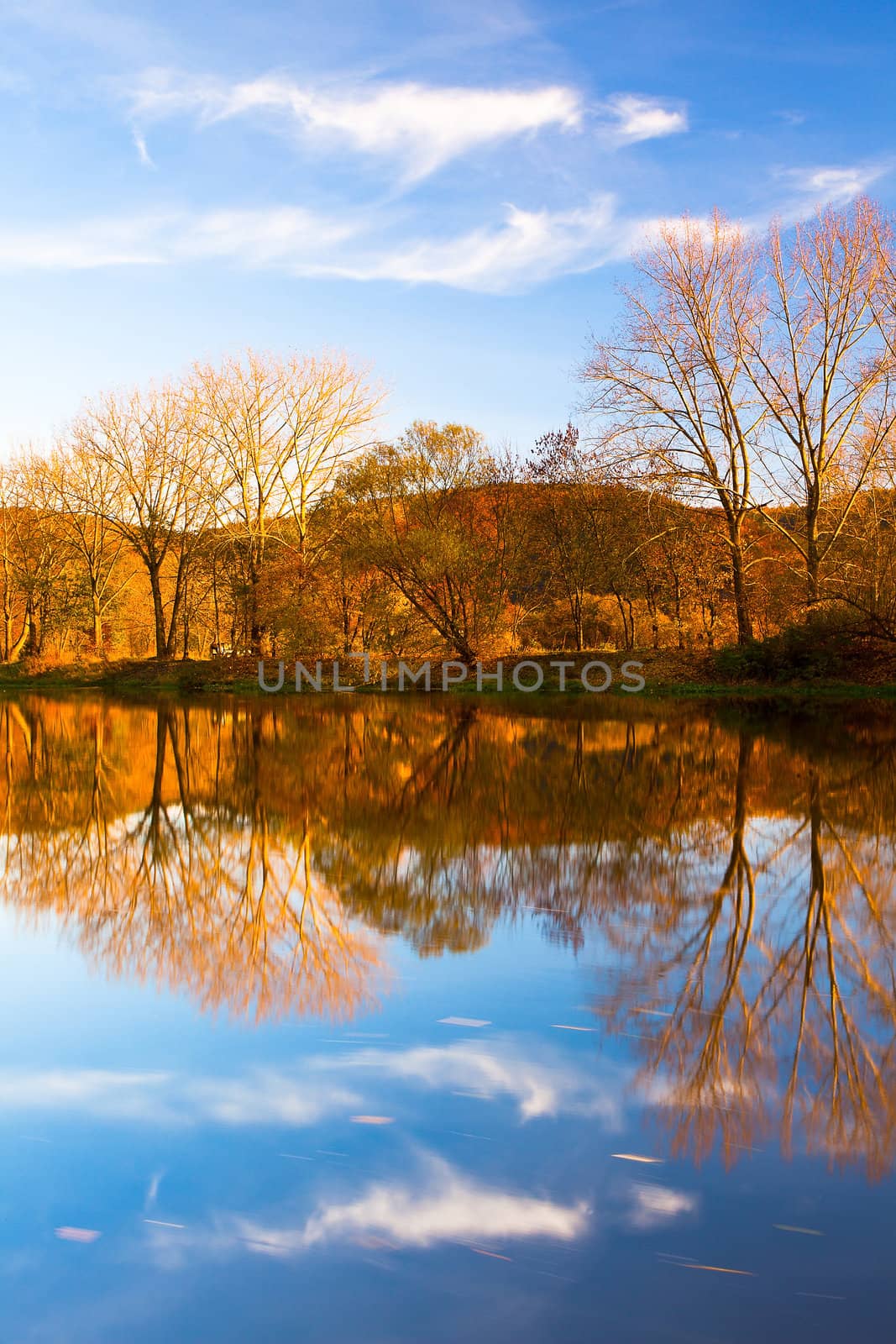 Reflection on the Berounka river in autumn at sunrise