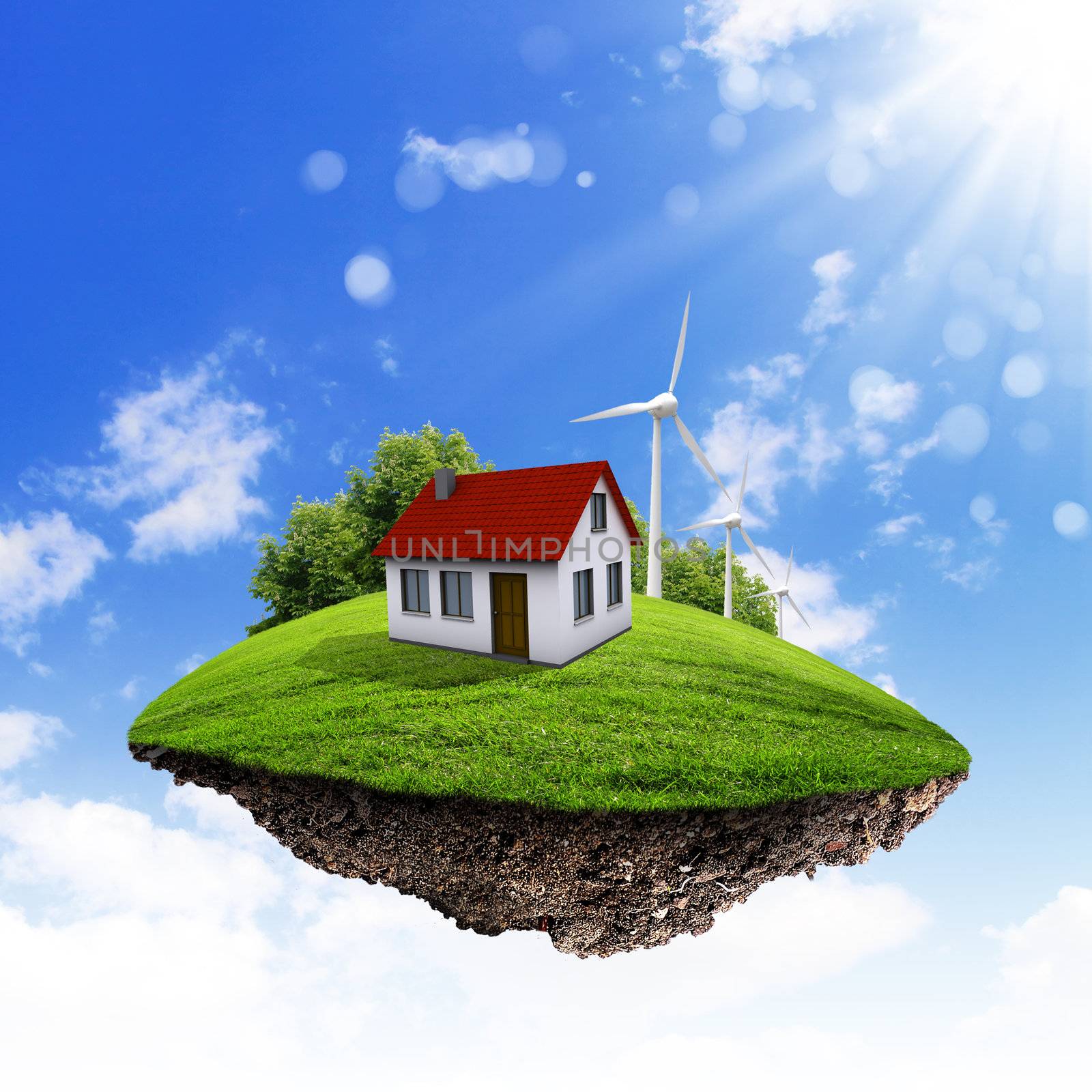 Little fine island / planet. A piece of land in the air. Lawn with house and tree. Pathway in the grass. Detailed ground in the base. Concept of success and happiness, idyllic ecological lifestyle