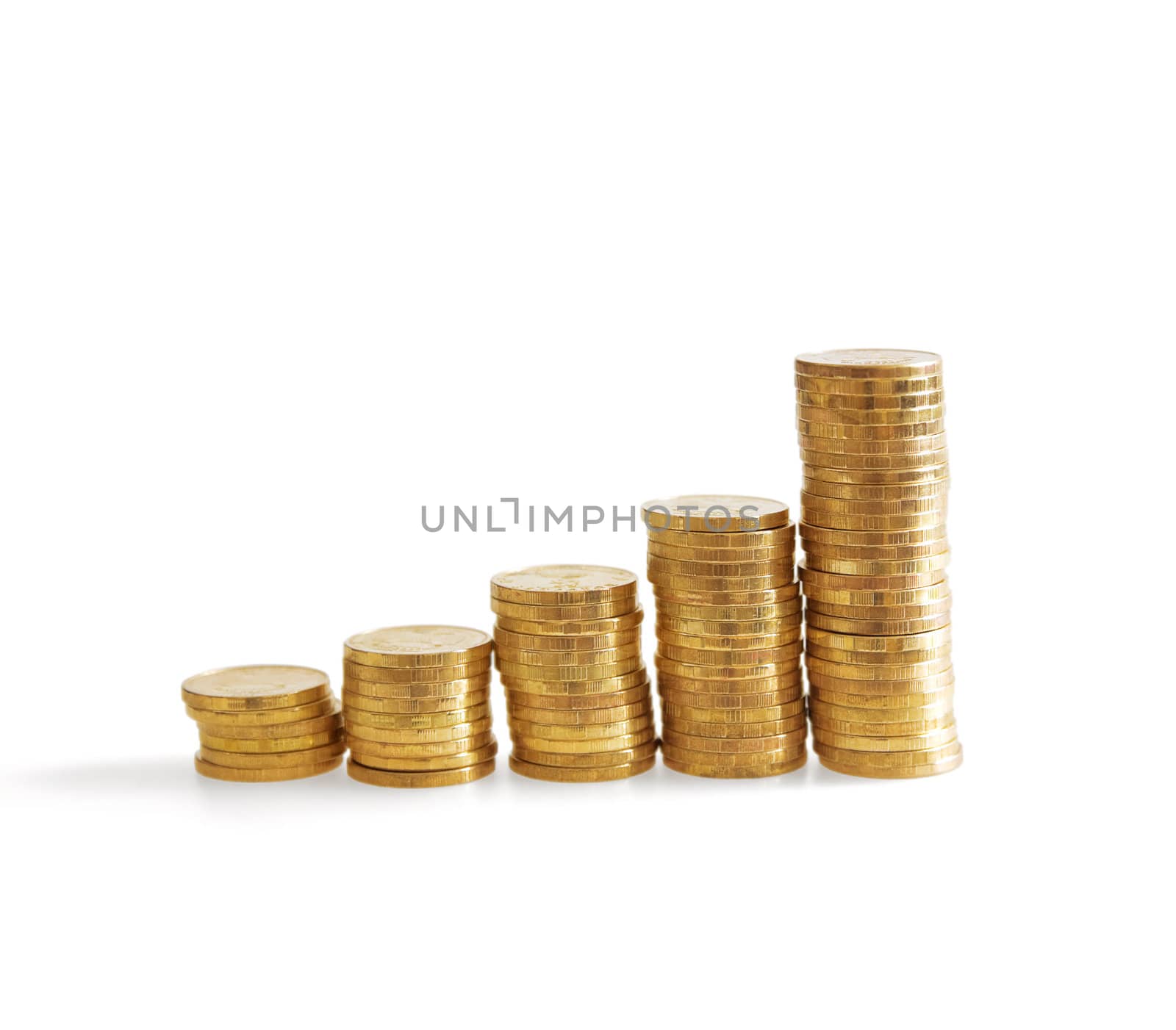 Column of golden coins on a white background
