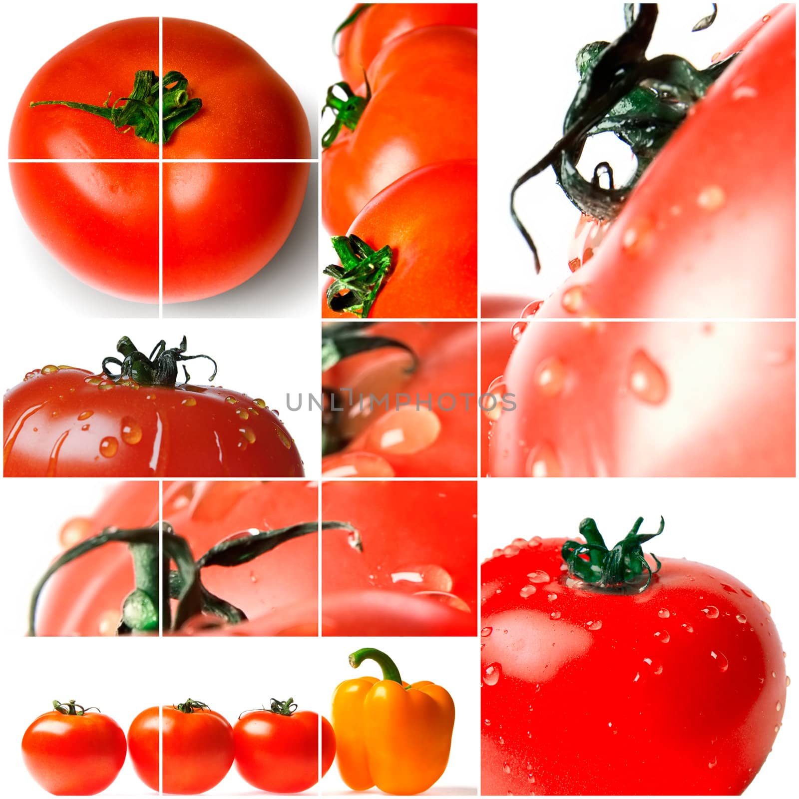 bright red tomatoes with water drops on white background