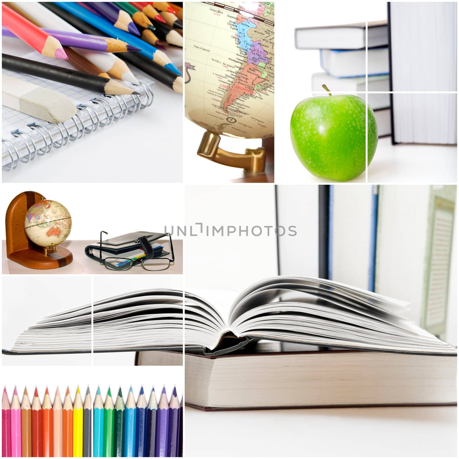 books and pencils and others on white background