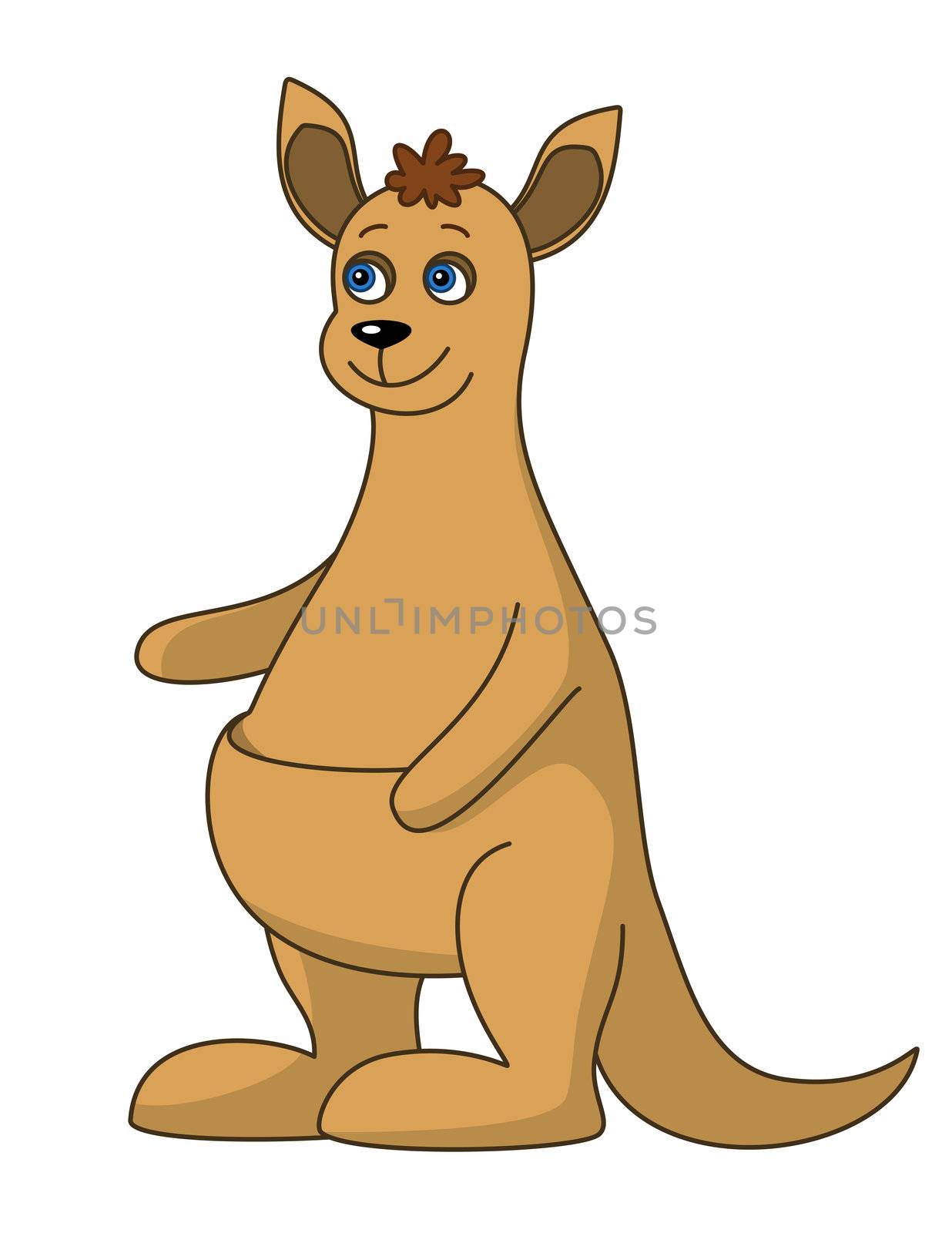 Cheerful brown isolated kangaroo with blue eyes and curly hair