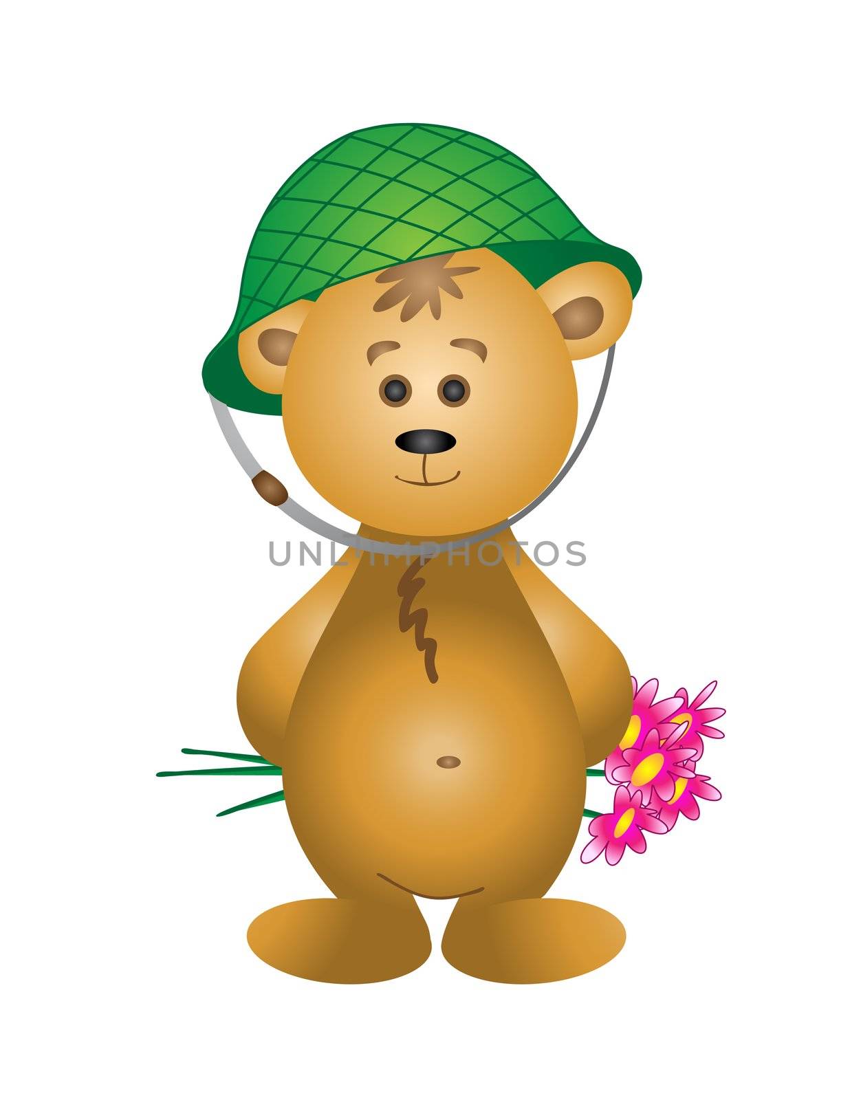 Teddy-bear in a helmet with a bouquet. Picture to Valentine's day