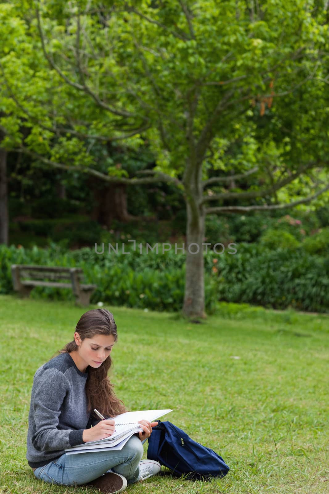 Young serious girl doing her homework while sitting down in a pa by Wavebreakmedia