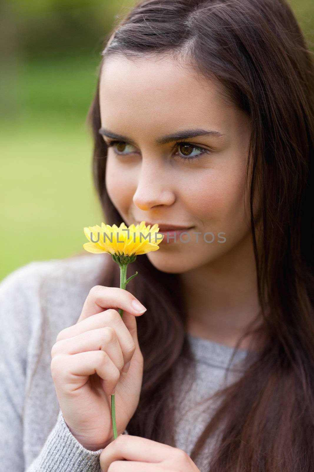 Relaxed young woman standing in a parkland while holding a yello by Wavebreakmedia