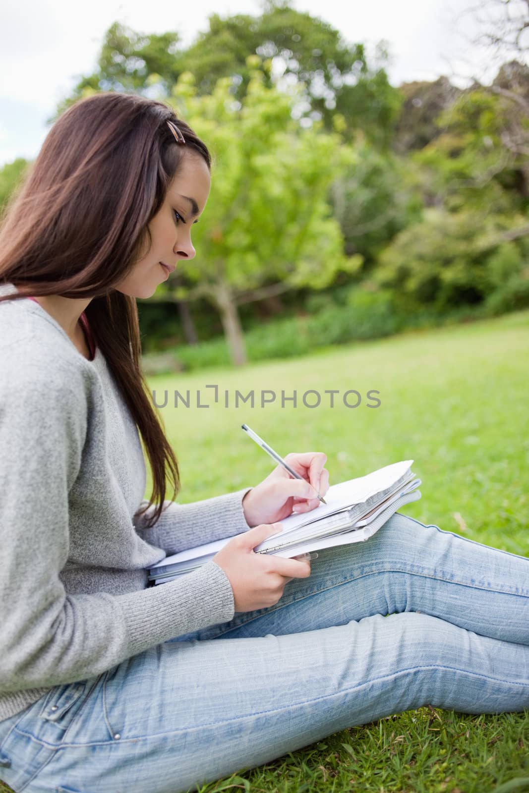 Side view of a young student sitting in a park while seriously writing on her notebook