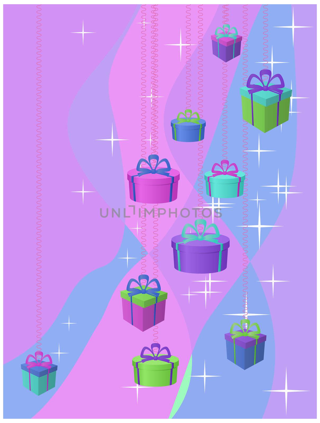 Background: stars and gift boxes on a colour background