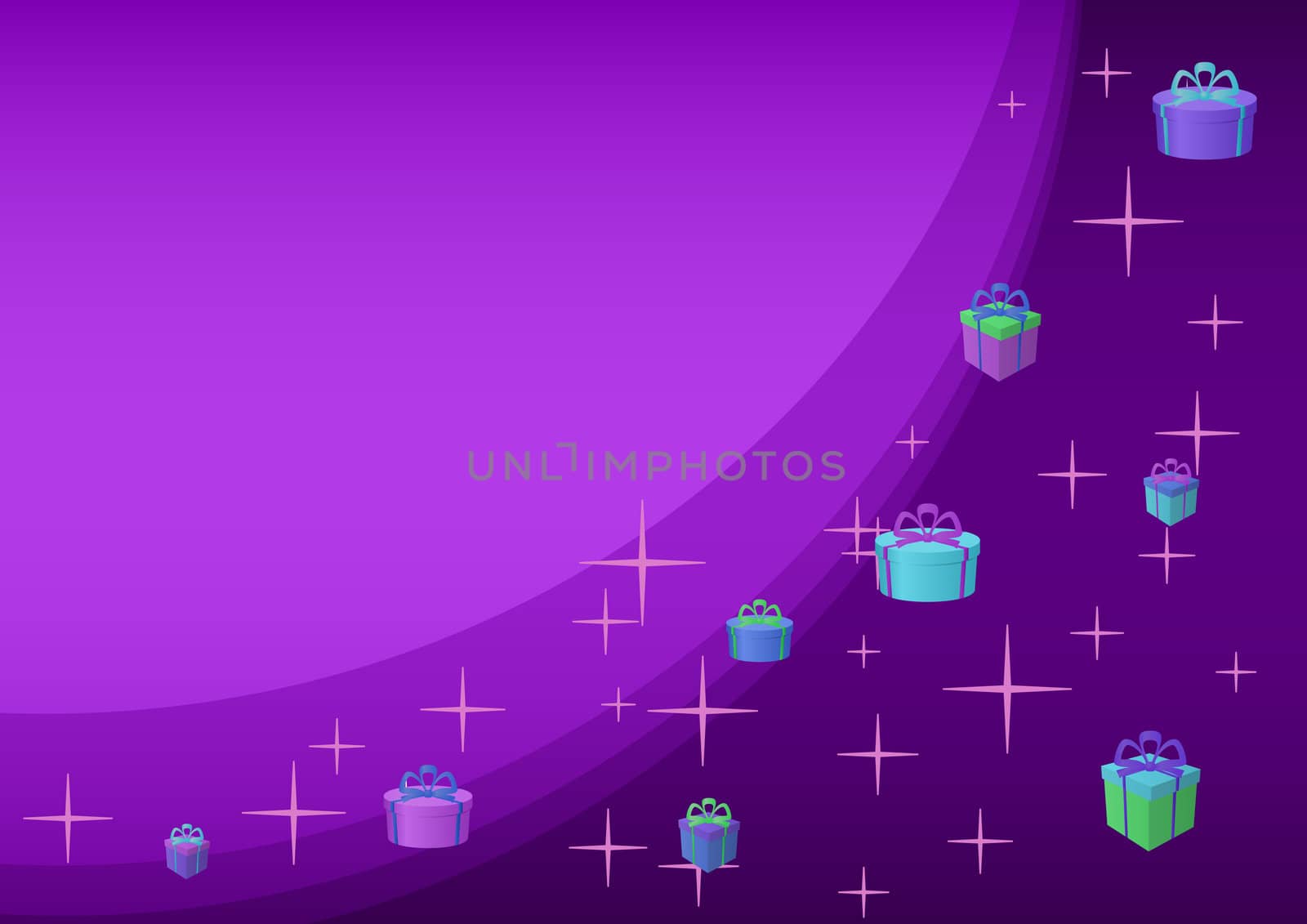 Abstract background: gift boxes and stars on a violet background