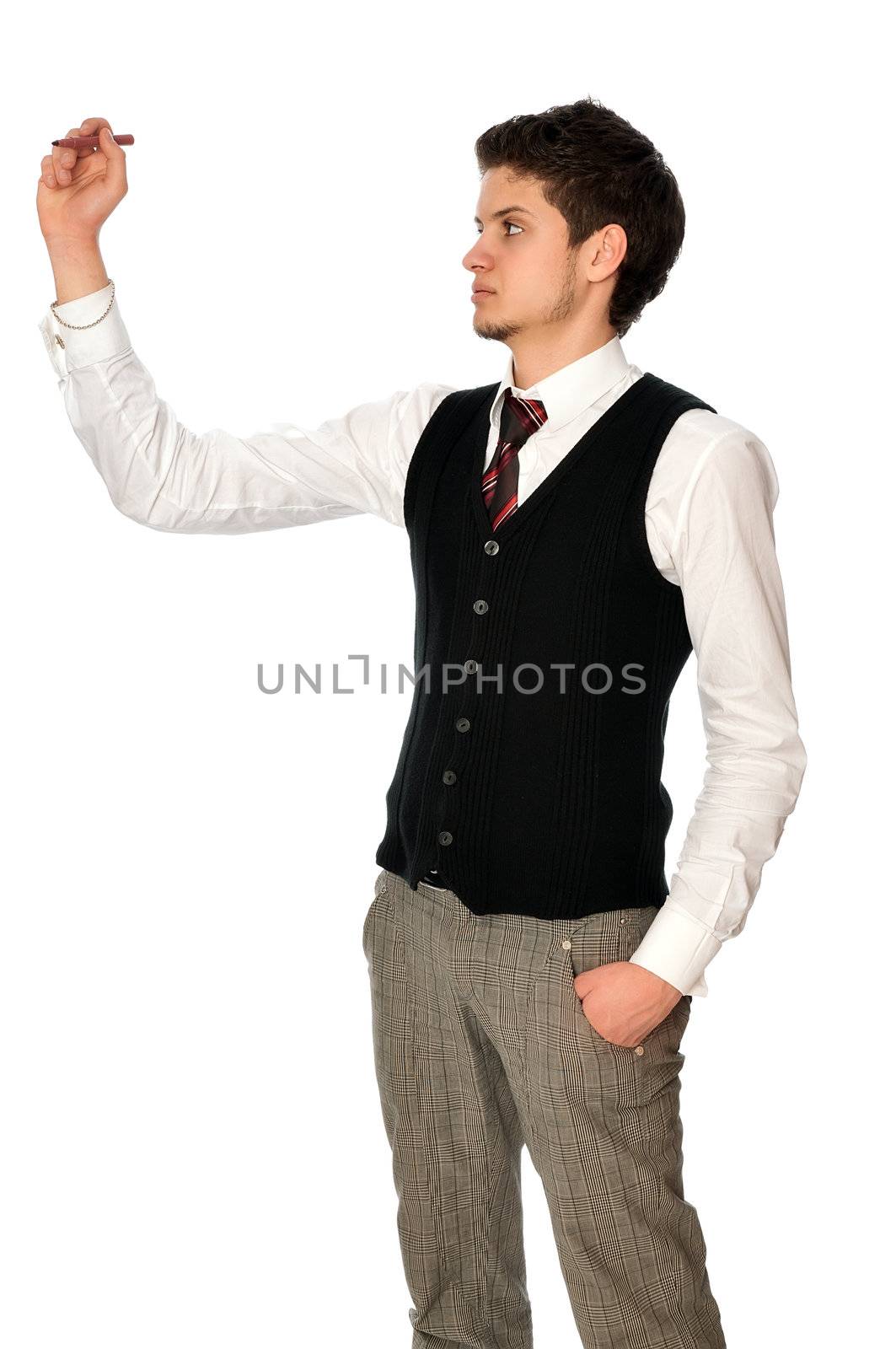 businessman writing on a virtual whiteboard with a tip