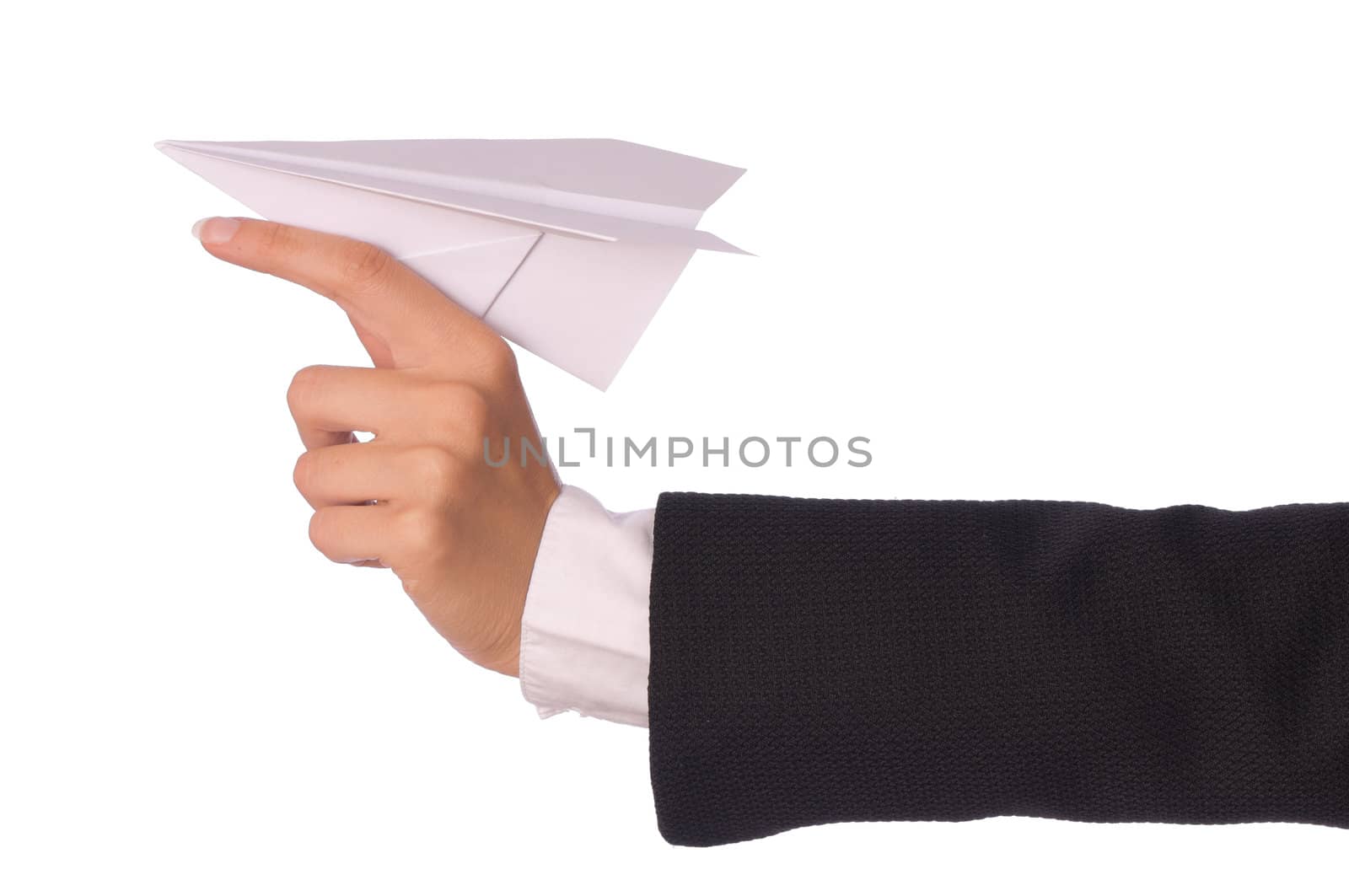 Businesswoman throwing white paper plane on the break