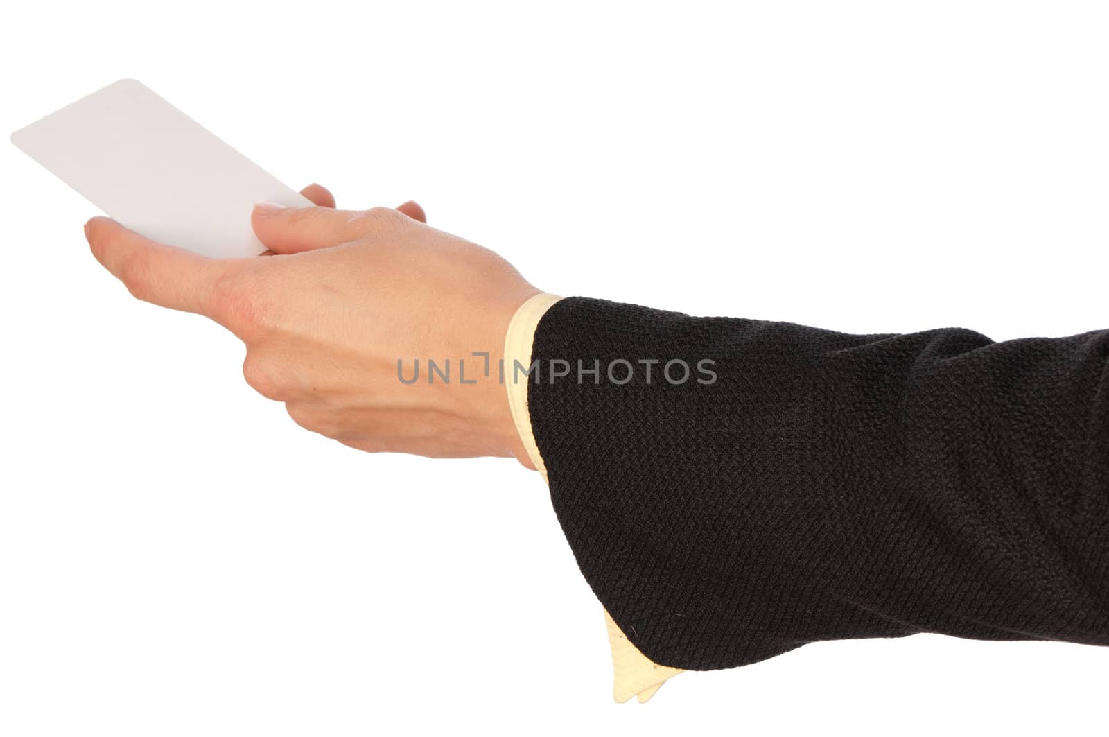 businesswoman giving her business card to the partners