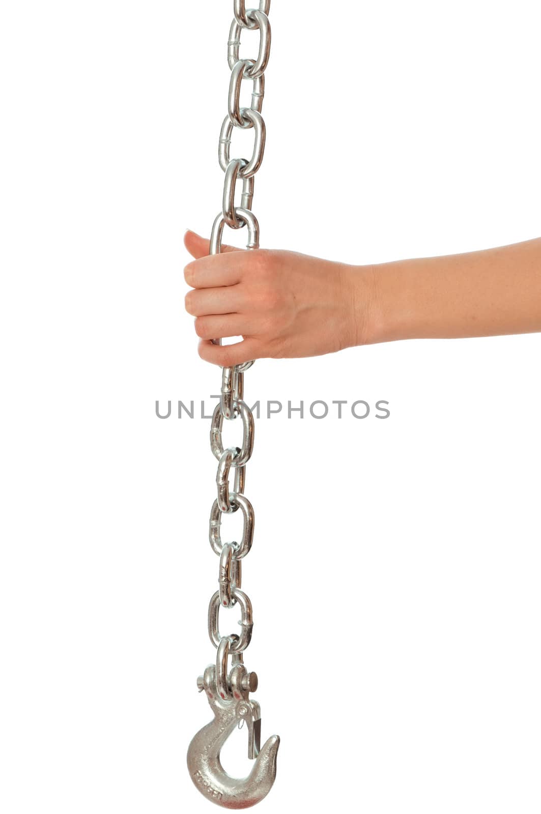 chain with a hook in the hands of crane operator at construction site