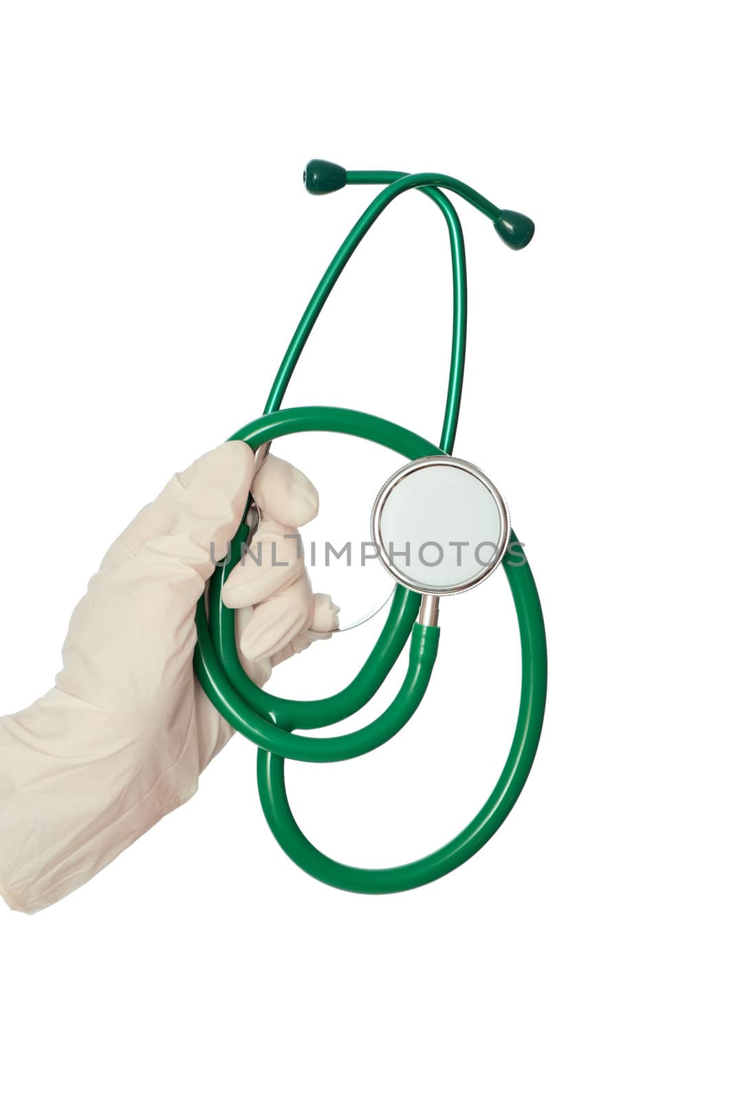 The doctor holding a green stethoscope in the hand
