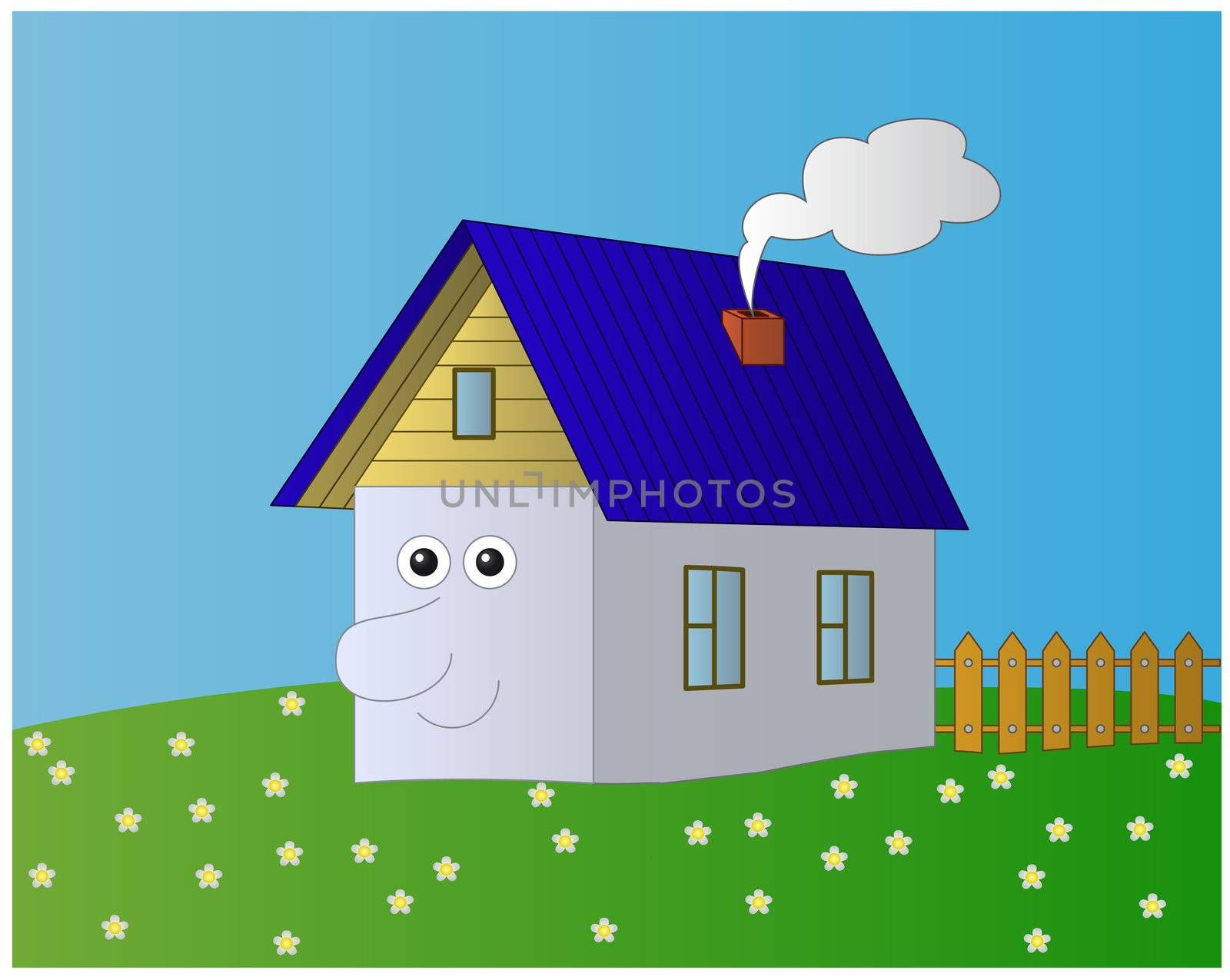 House with a human face on a green blossoming summer meadow