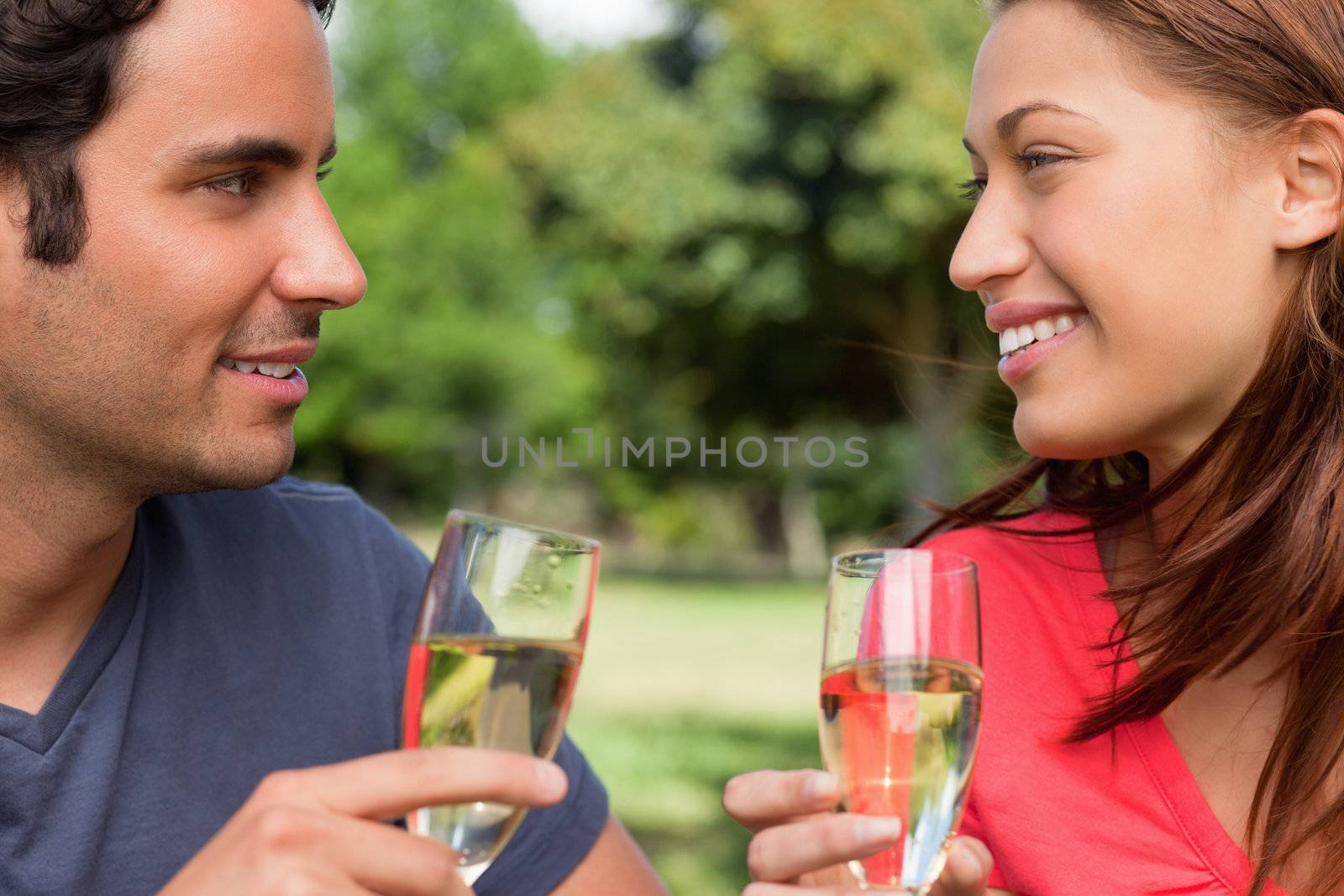 Close-up of two friends happily looking at each other while smiling and holding glasses of champagne in a sunny park