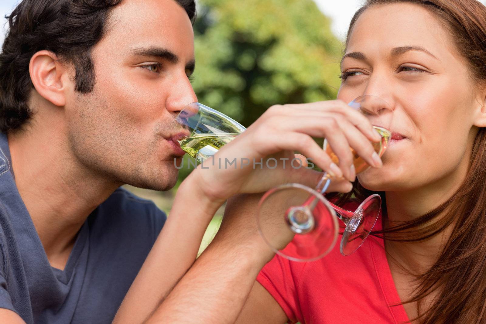 Two friends looking into each others eyes as they link their arms together while drinking champagne in a park